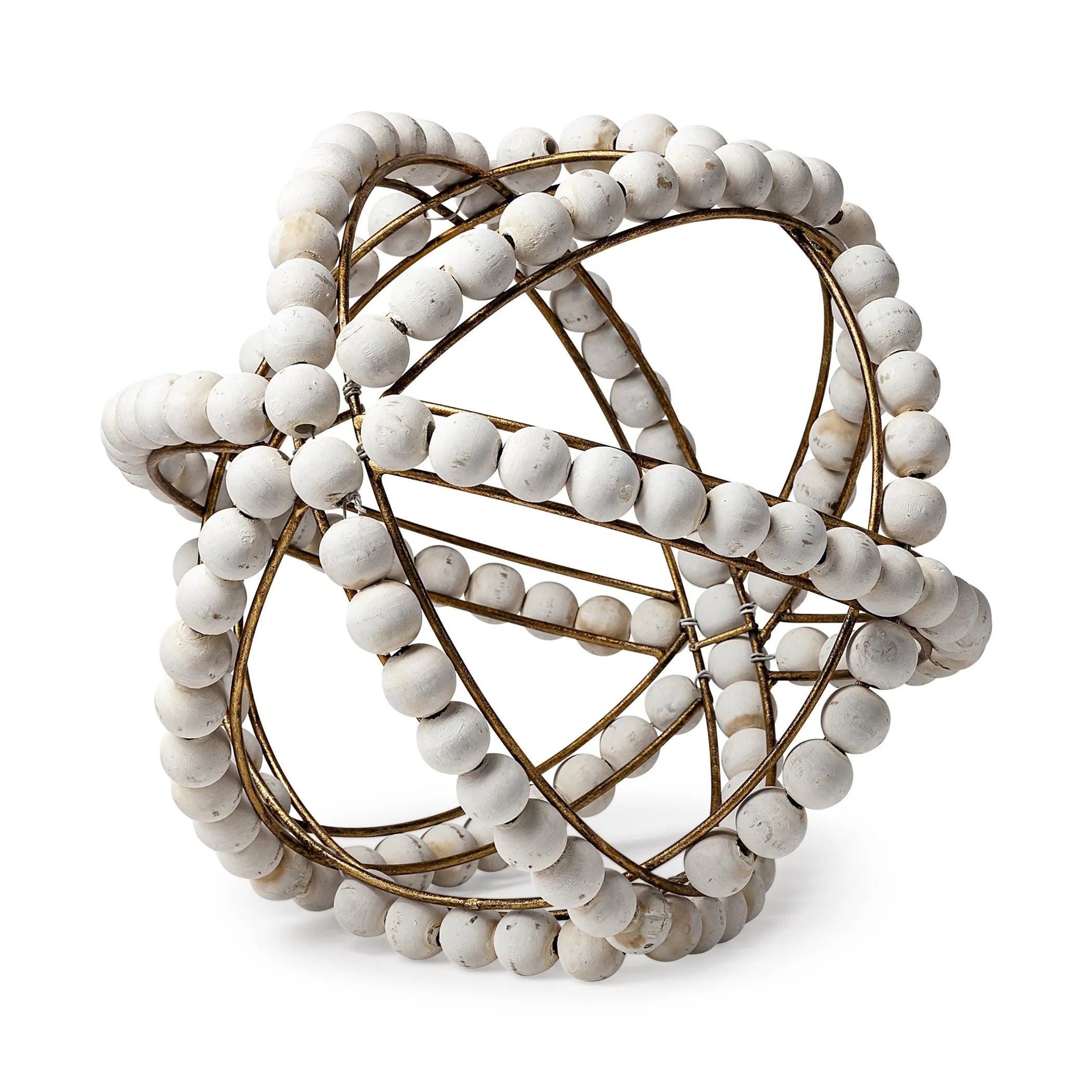 Decorative object with white beads and gold wire, seen from the side, on a white background