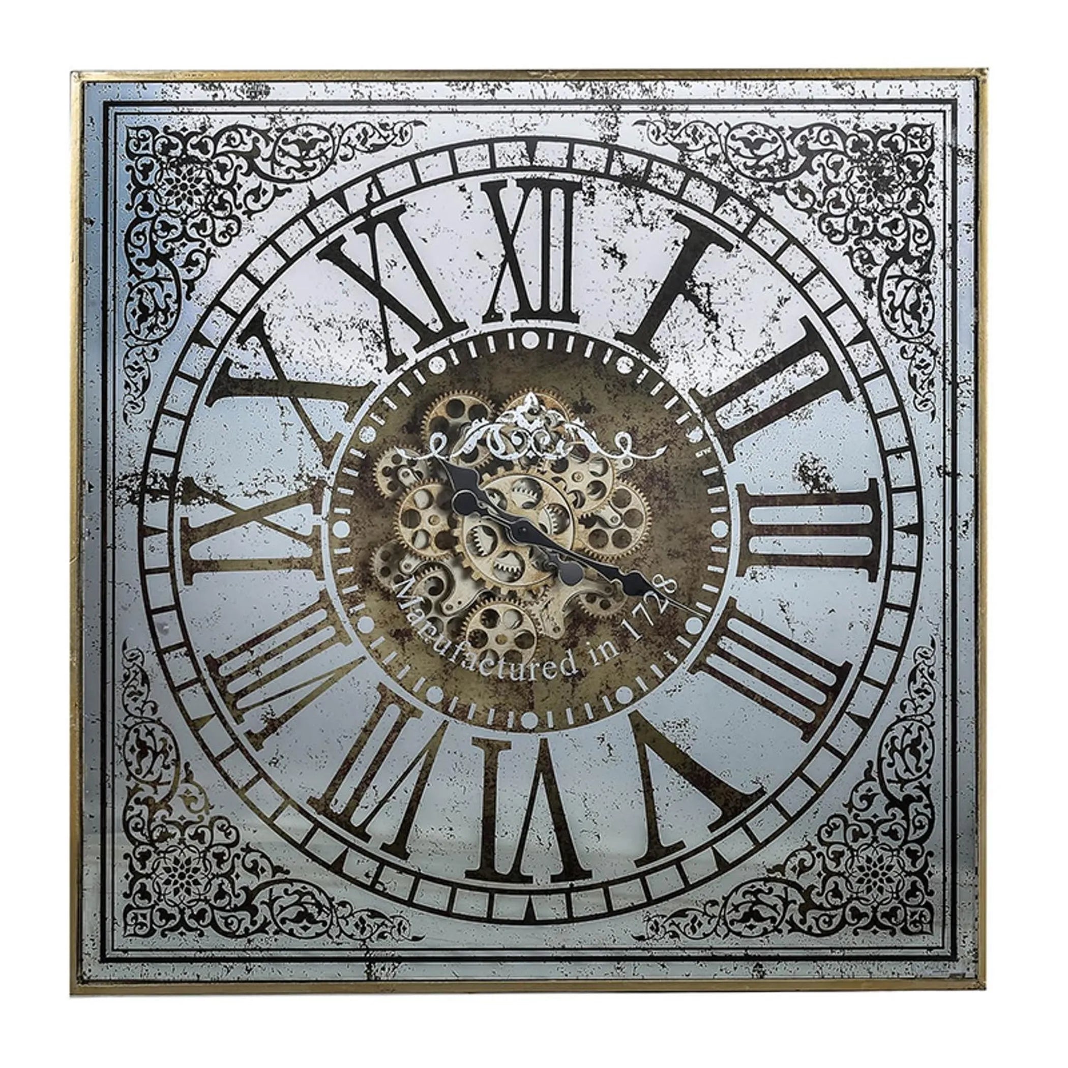 Decorative wall clock with Roman numerals and intricate design on a white background
