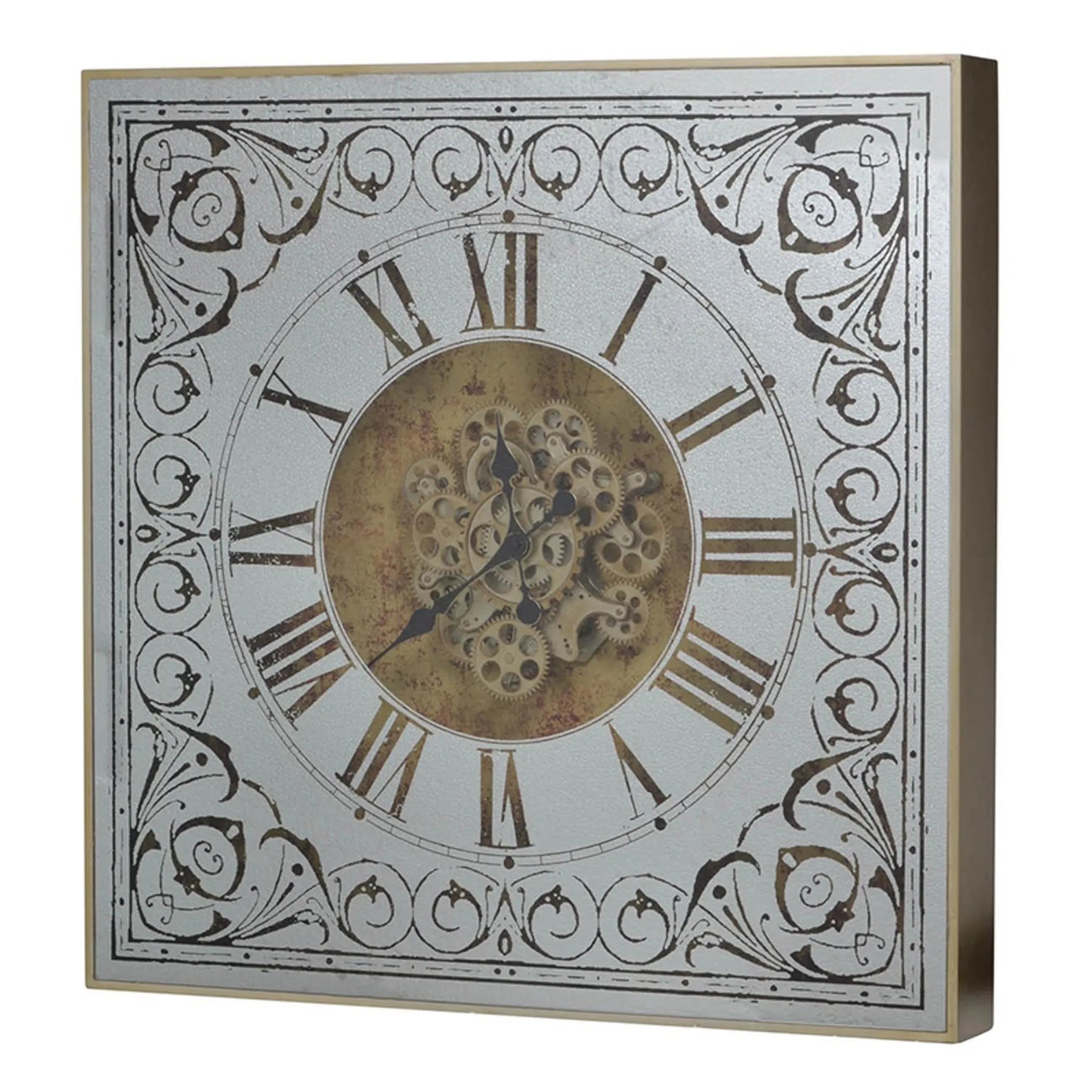 Decorative wall clock with Roman numerals and intricate designs on a white background