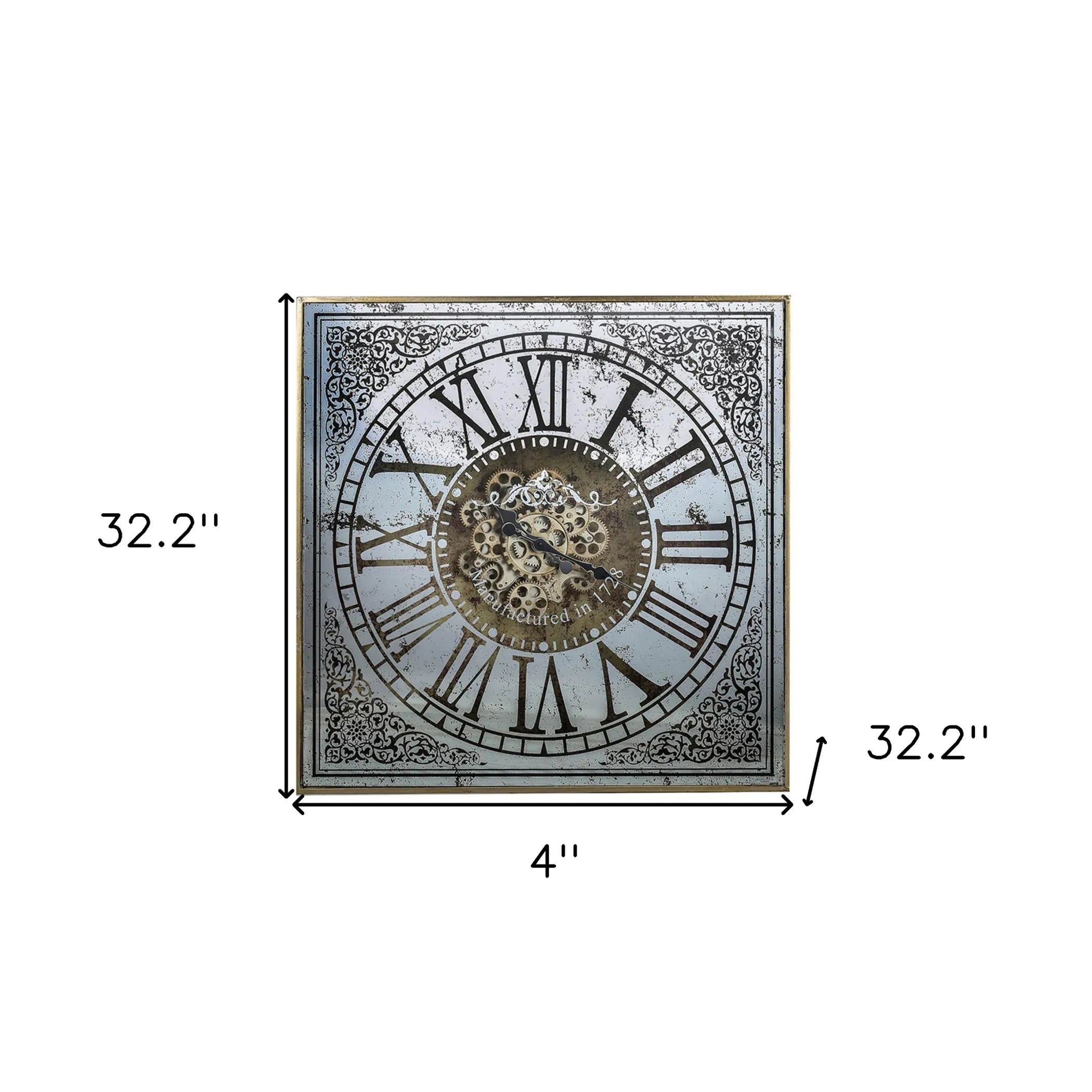 Decorative wall clock with dimensions labeled on a white background