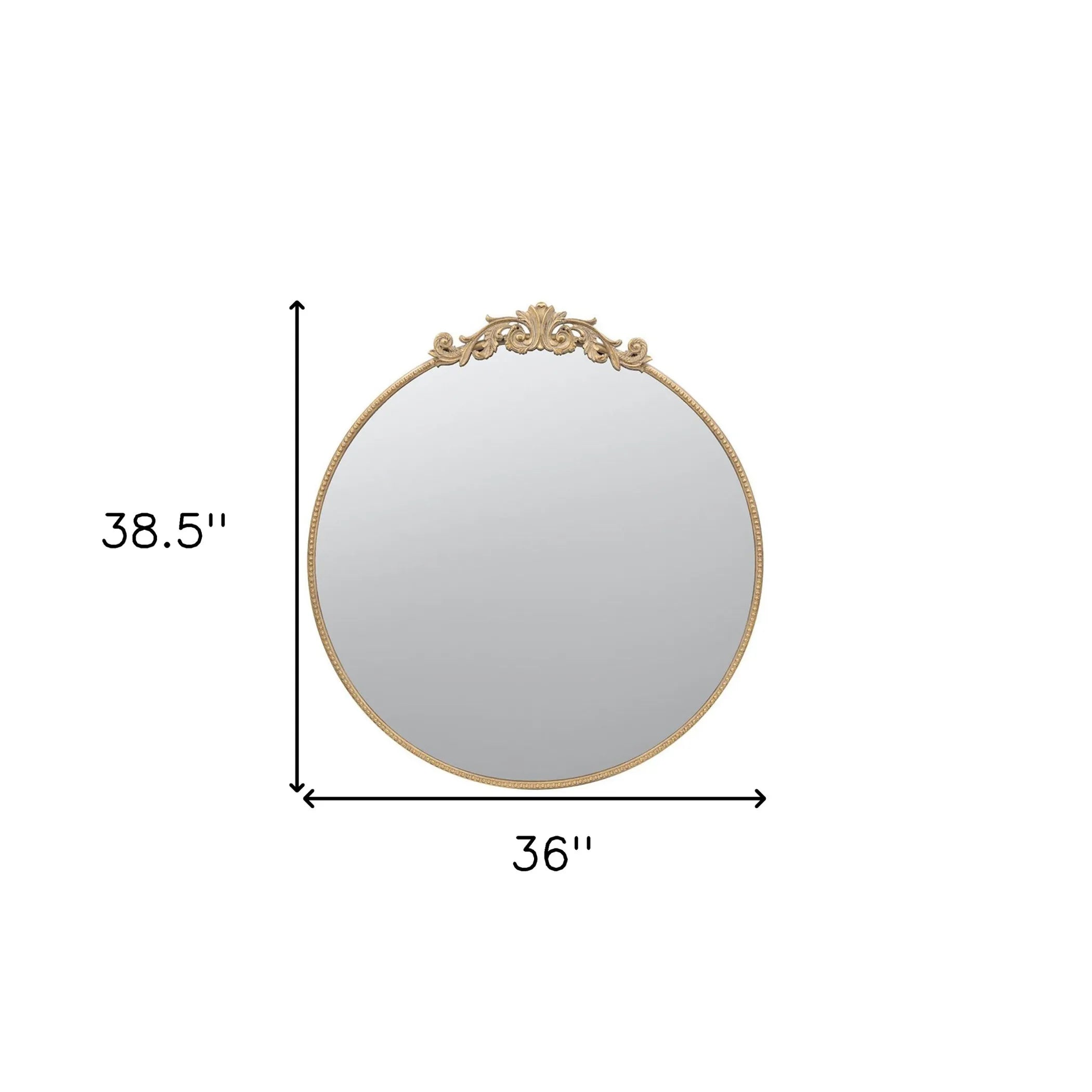 Round mirror with decorative frame and measurements on a white background