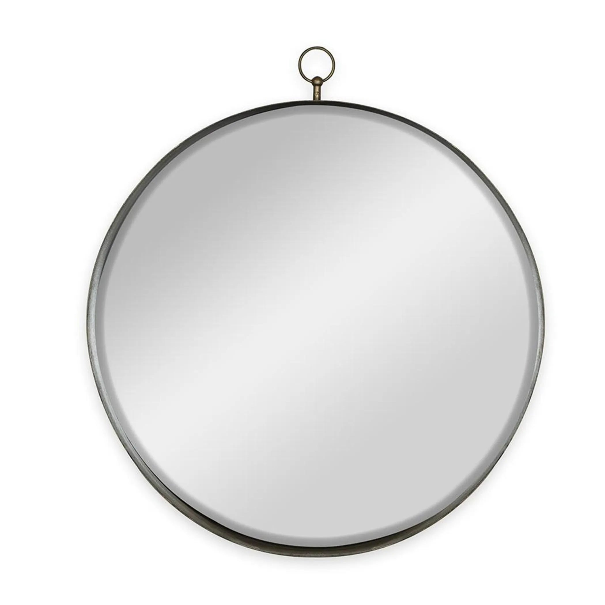 Round mirror with a metallic frame on a white background