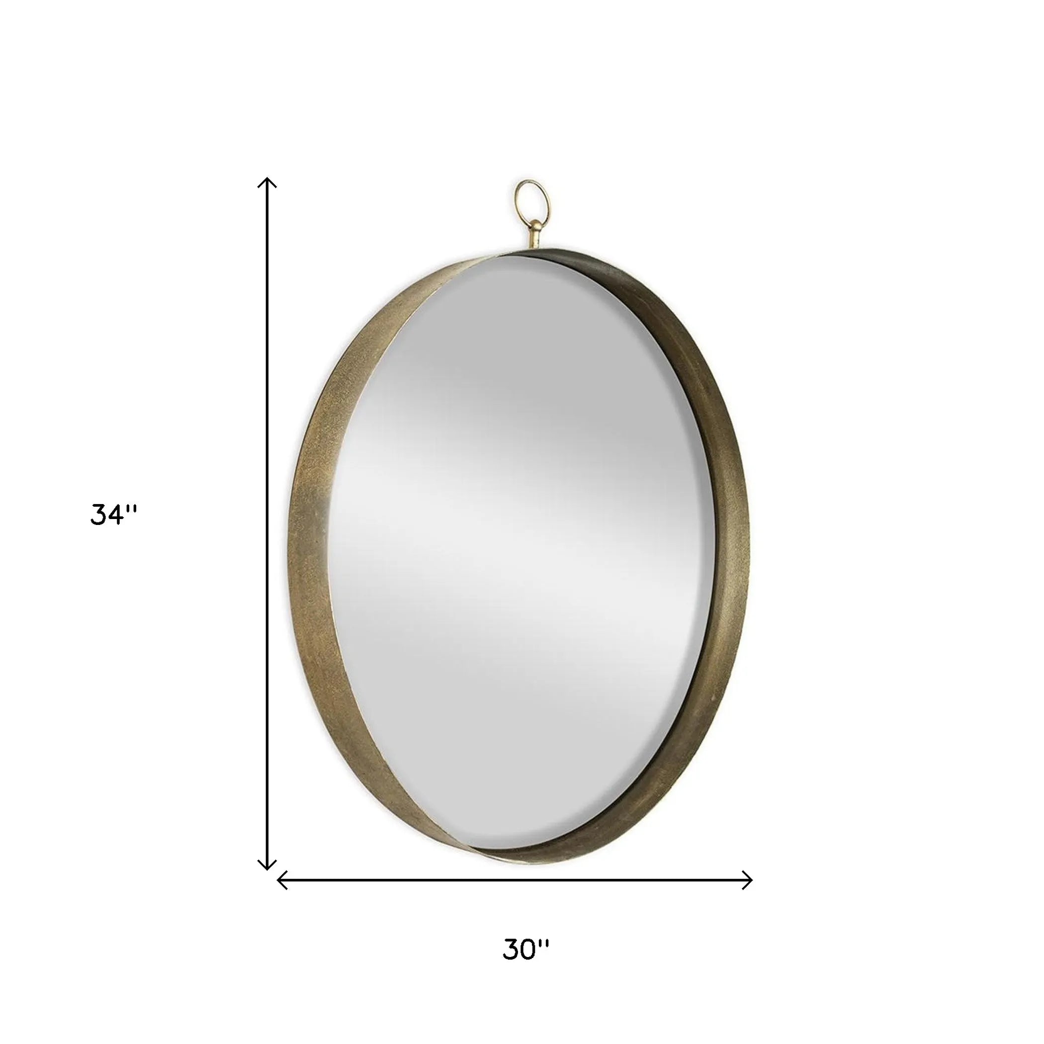 Round mirror with wooden frame and measurements on a white background