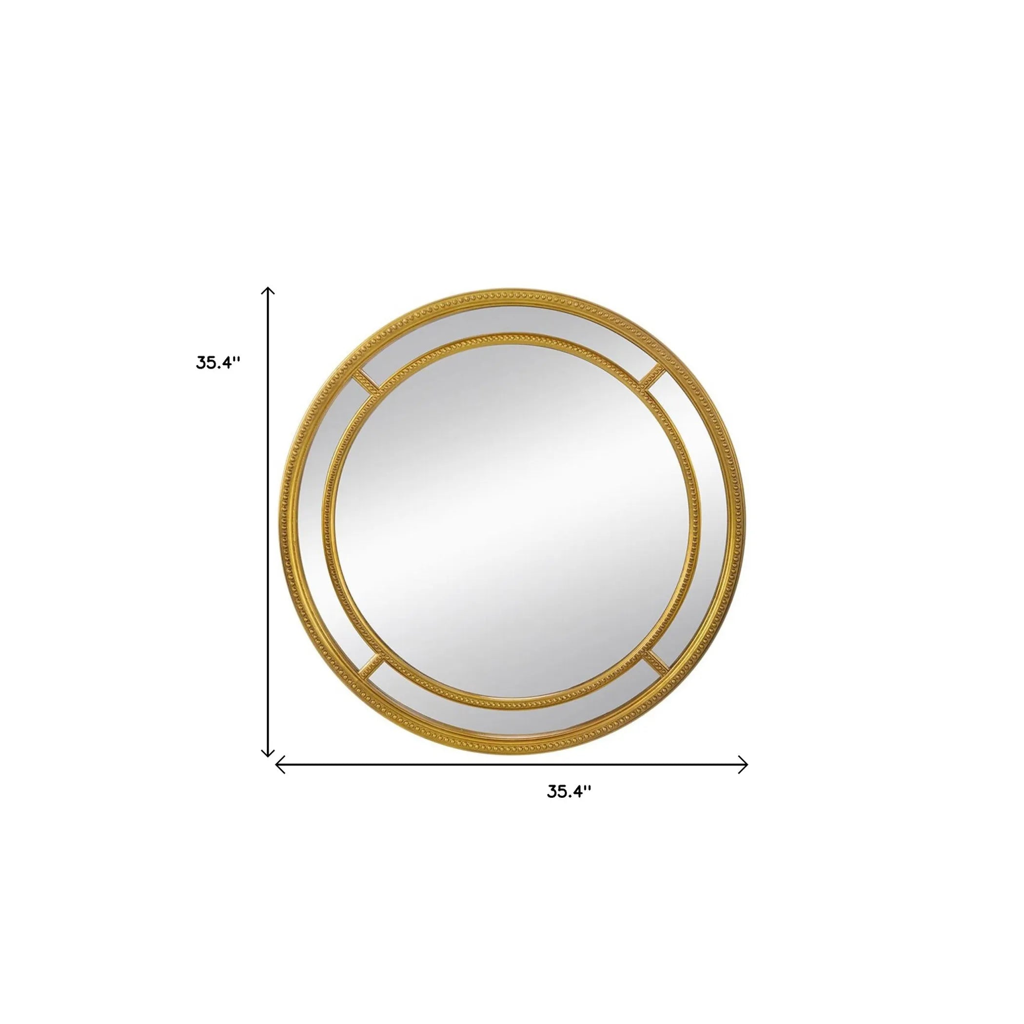 Round mirror with gold frame and measurements on a white background