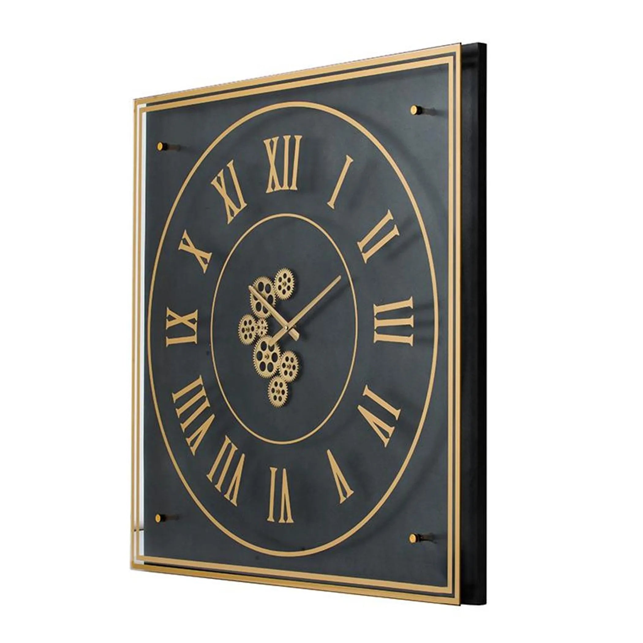 Decorative wall clock with gold Roman numerals on a dark background