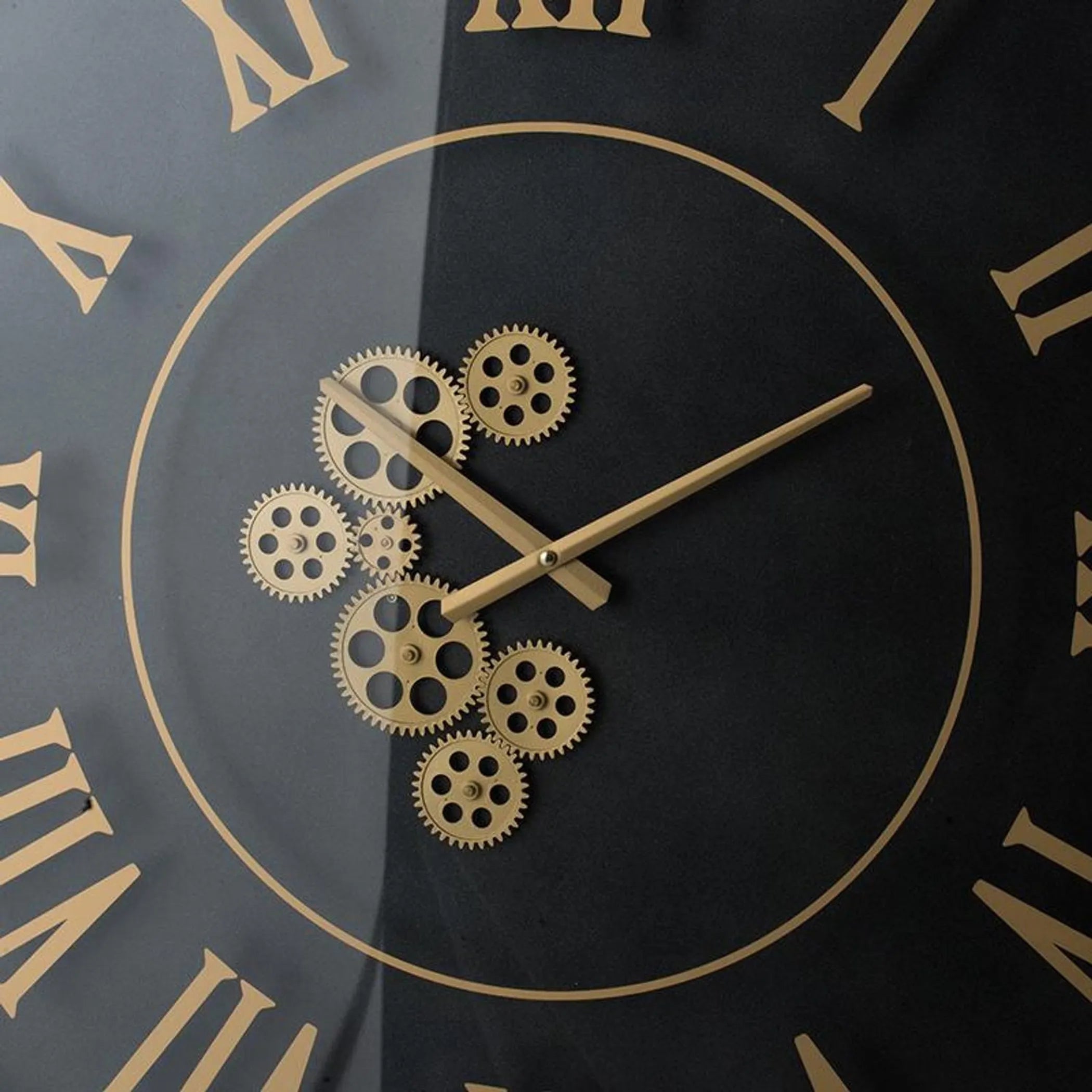 Decorative clock face with gold gears and Roman numerals on a black background