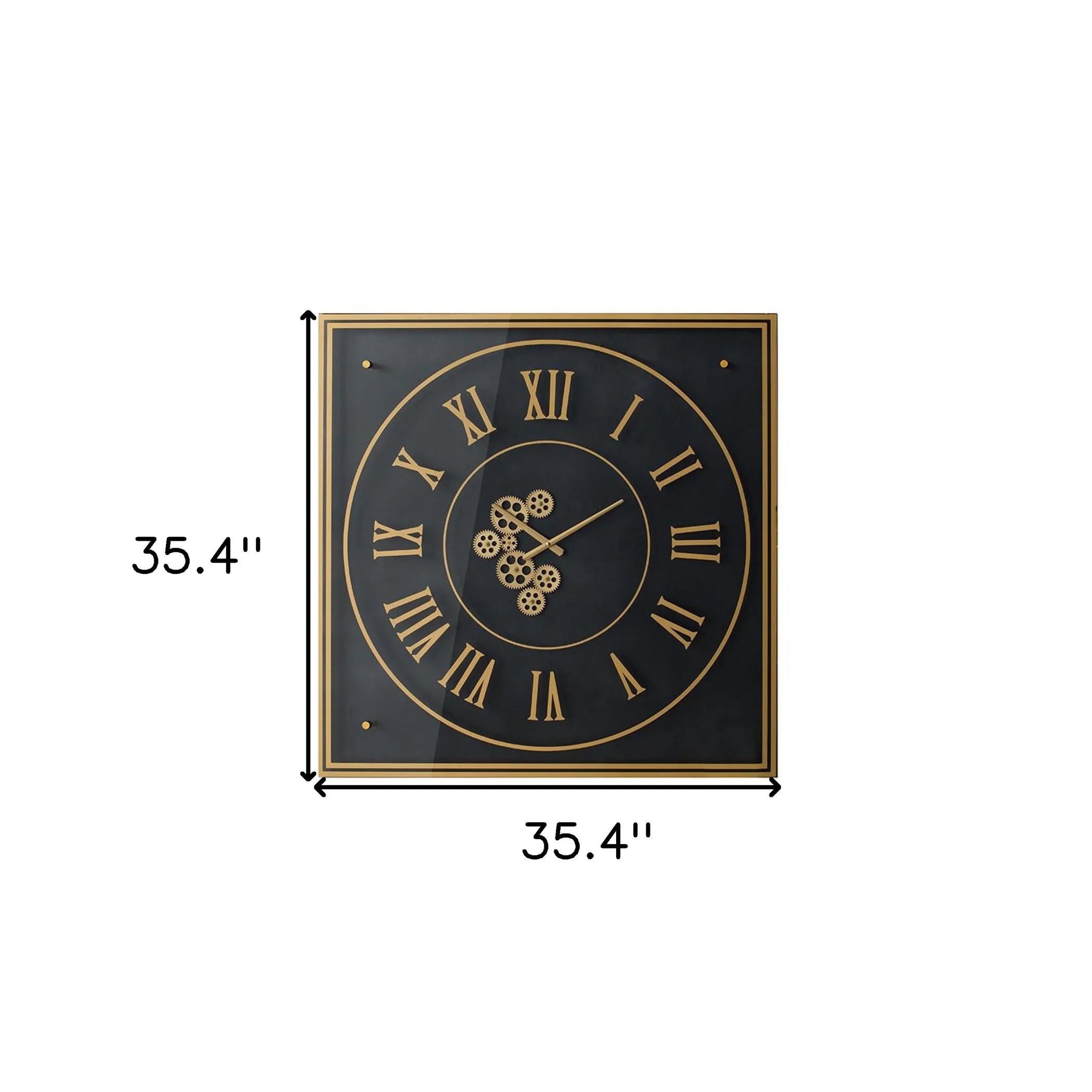 Decorative wall clock with gold Roman numerals and dimensions on a white background