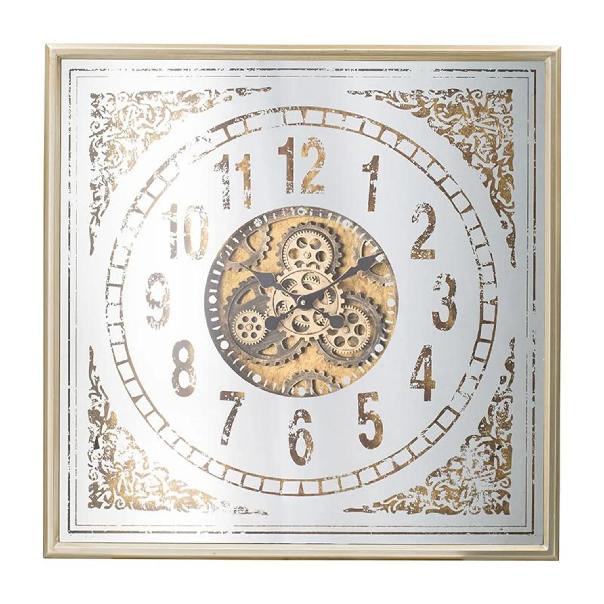Decorative wall clock with gold gears and numbers on a white background