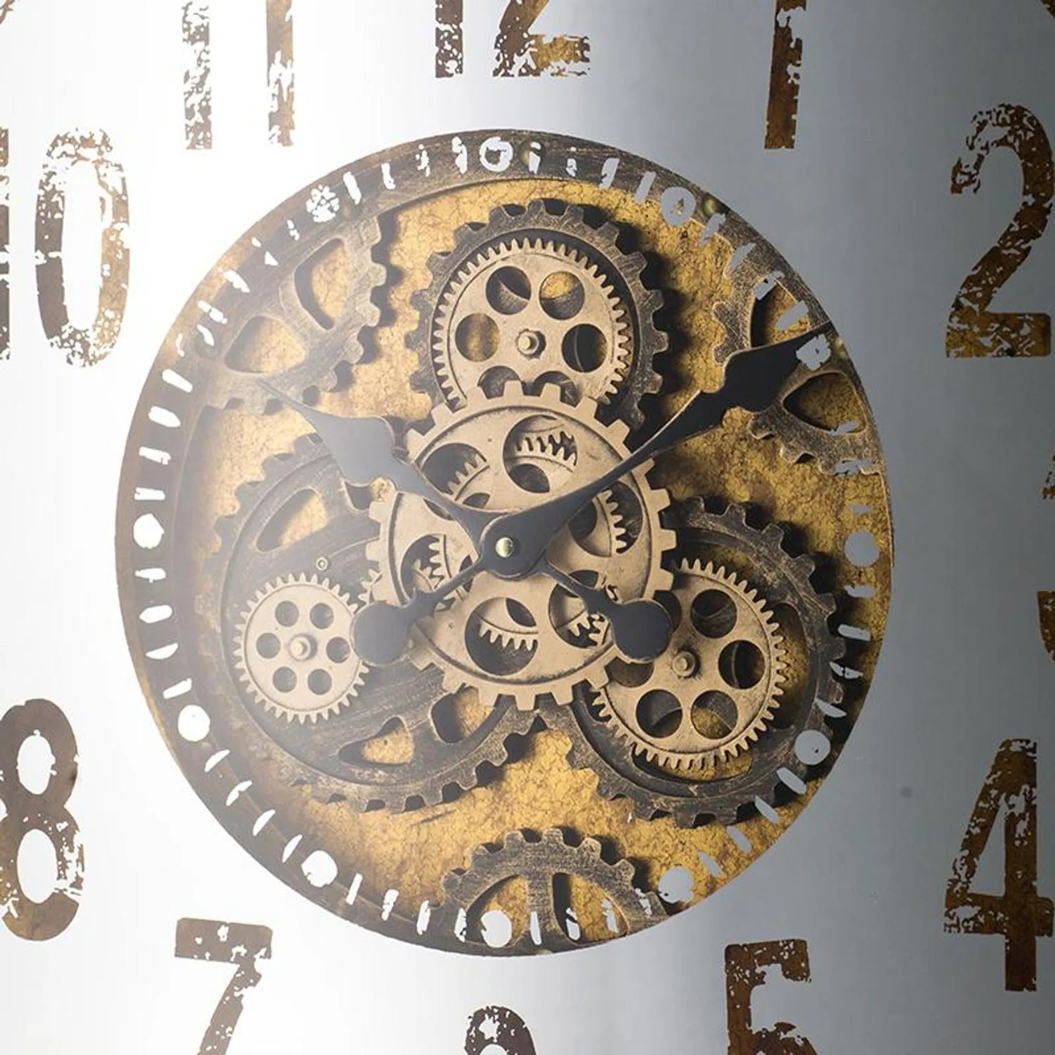 Decorative clock face with gears and numbers on a white background