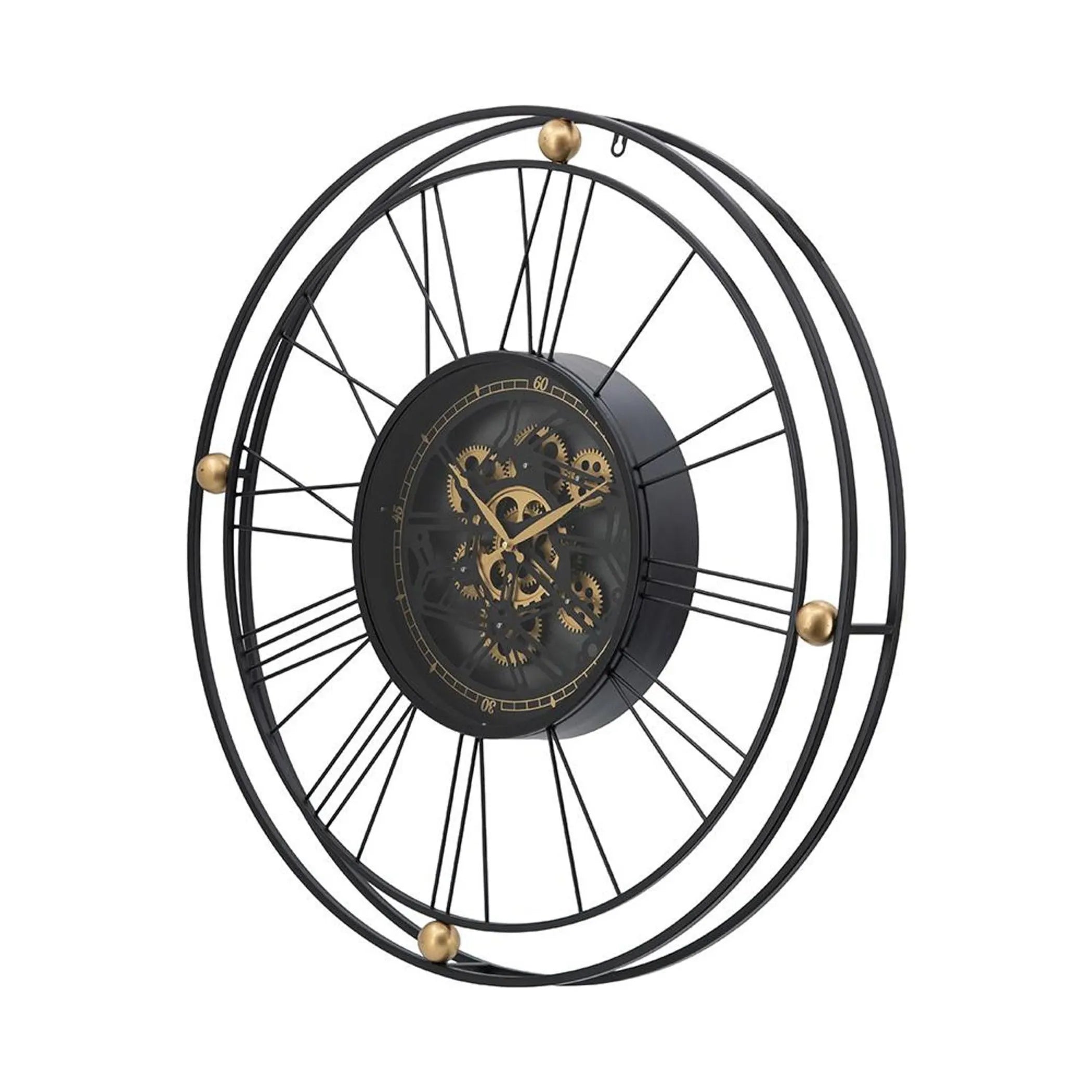 32" Round Black & Gold Exposed Gear Wall Clock – Metal & Glass Analog Design
