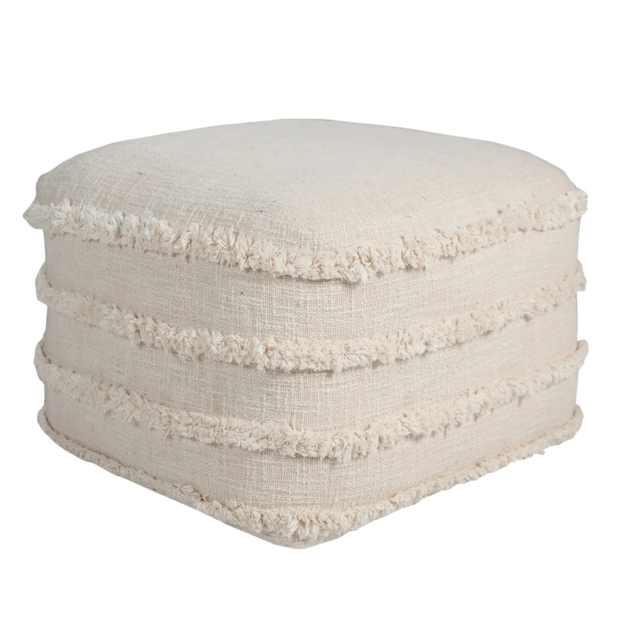 White textured ottoman with fringe on a white background