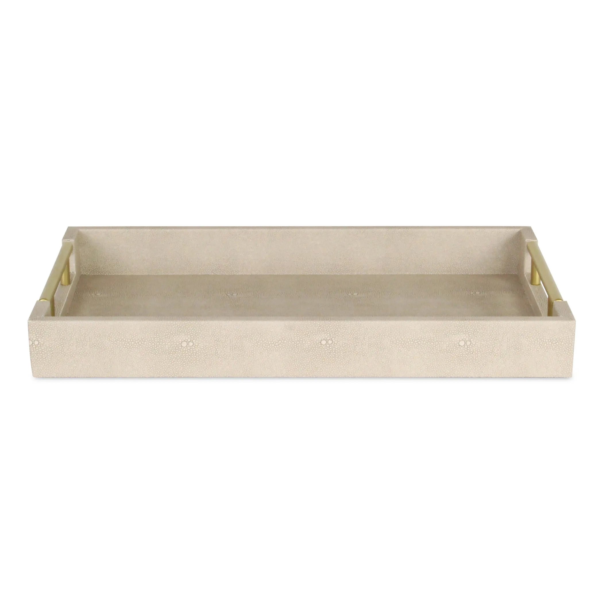 16" Cream Wood and Vinyl Faux Shagreen Serving Tray With Gold Handles
