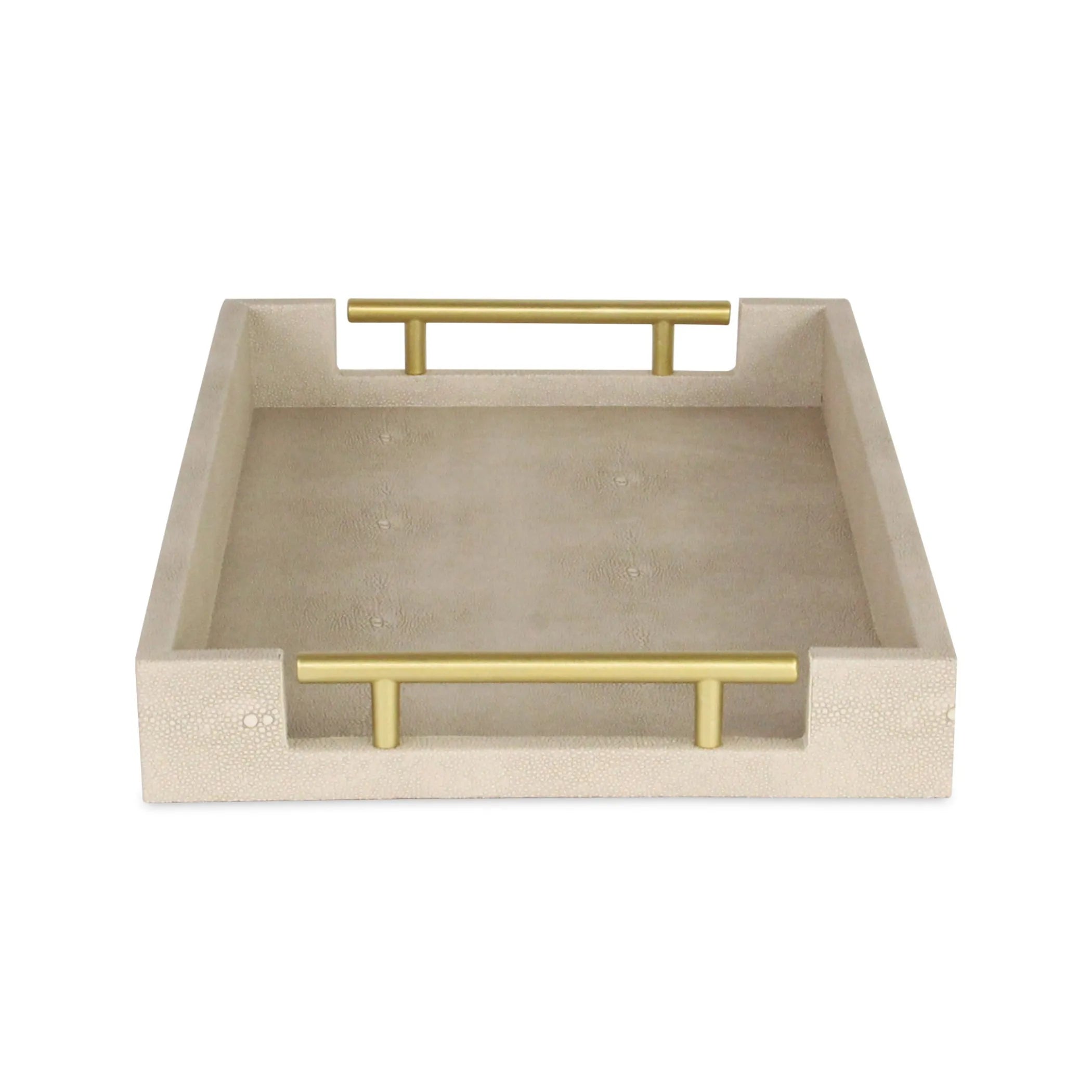 Beige tray with gold handles on a white background, angled view