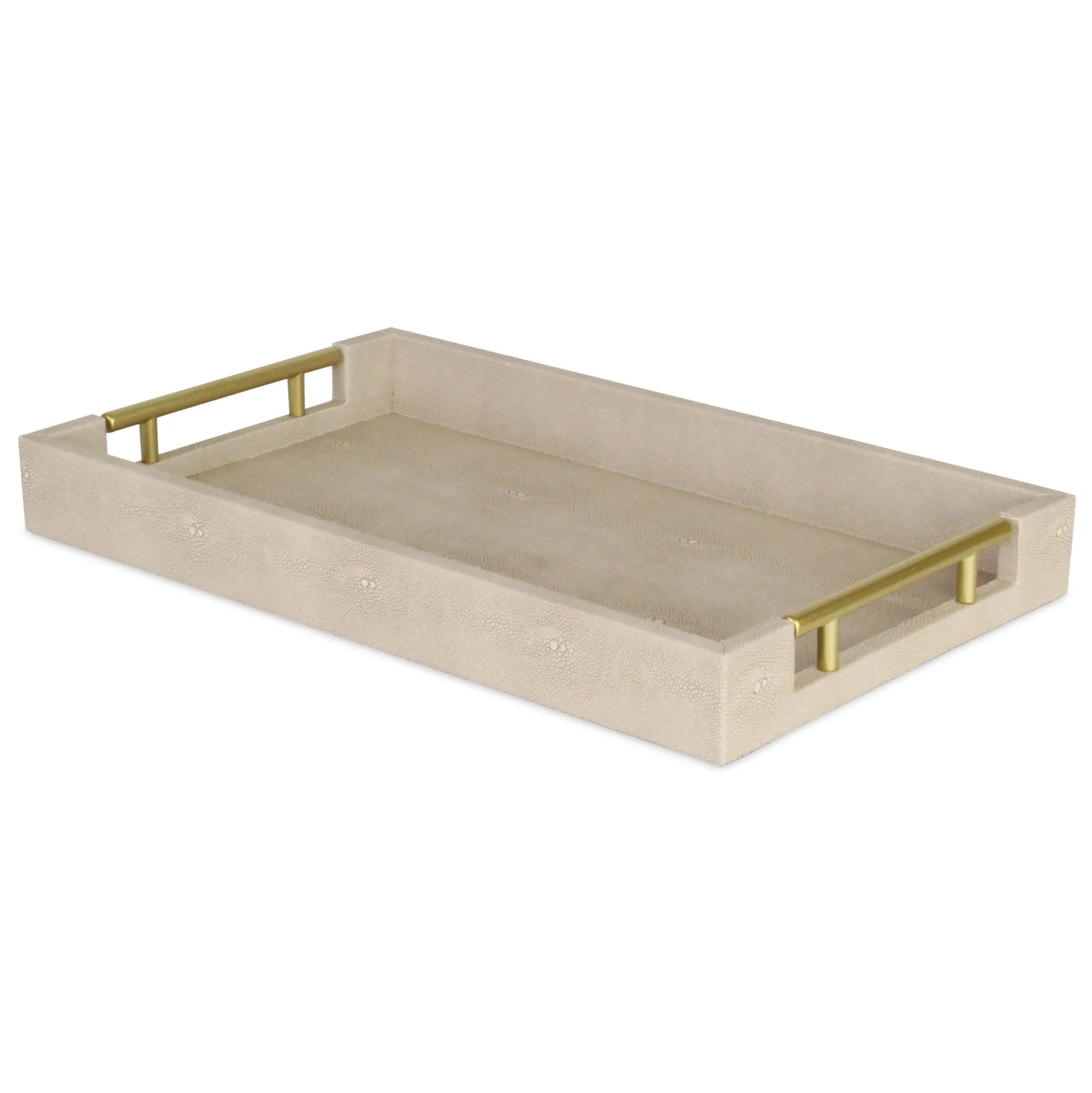 Beige tray with gold handles on a white background