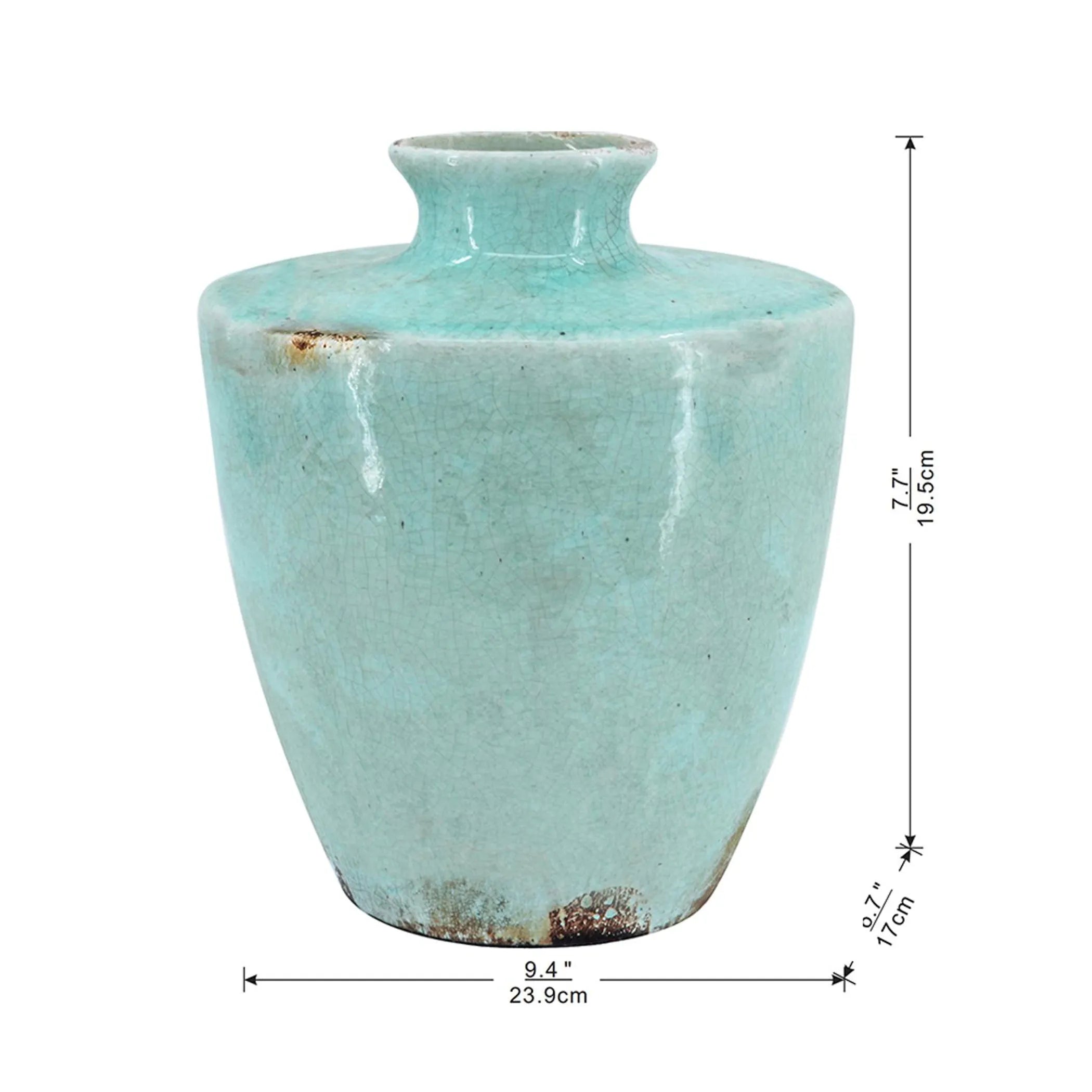 Turquoise ceramic vase with dimensions on a white background