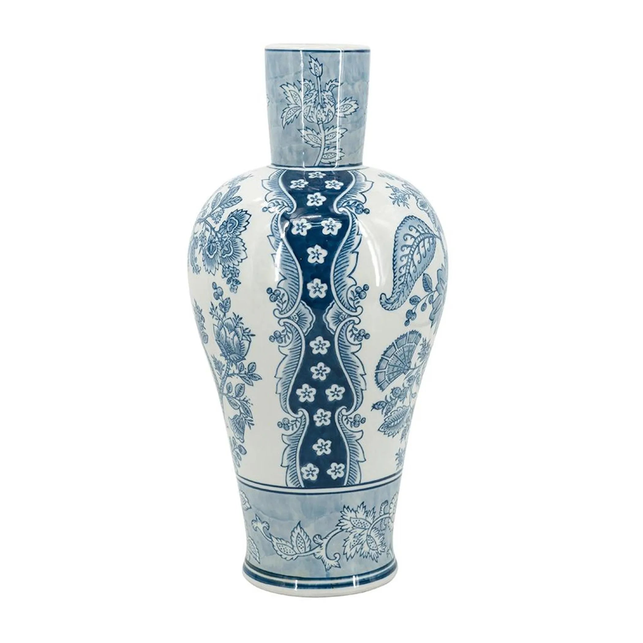 Ceramic vase with blue floral patterns on a white background