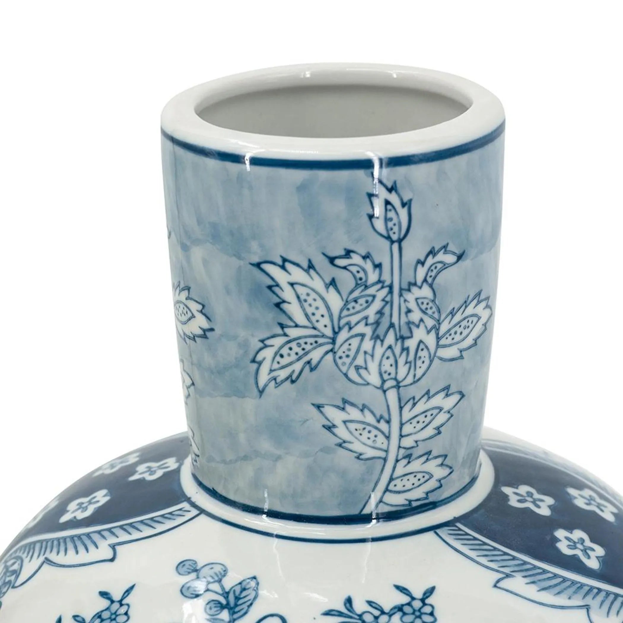Close up of the neck of a Ceramic vase with blue floral patterns on a white background