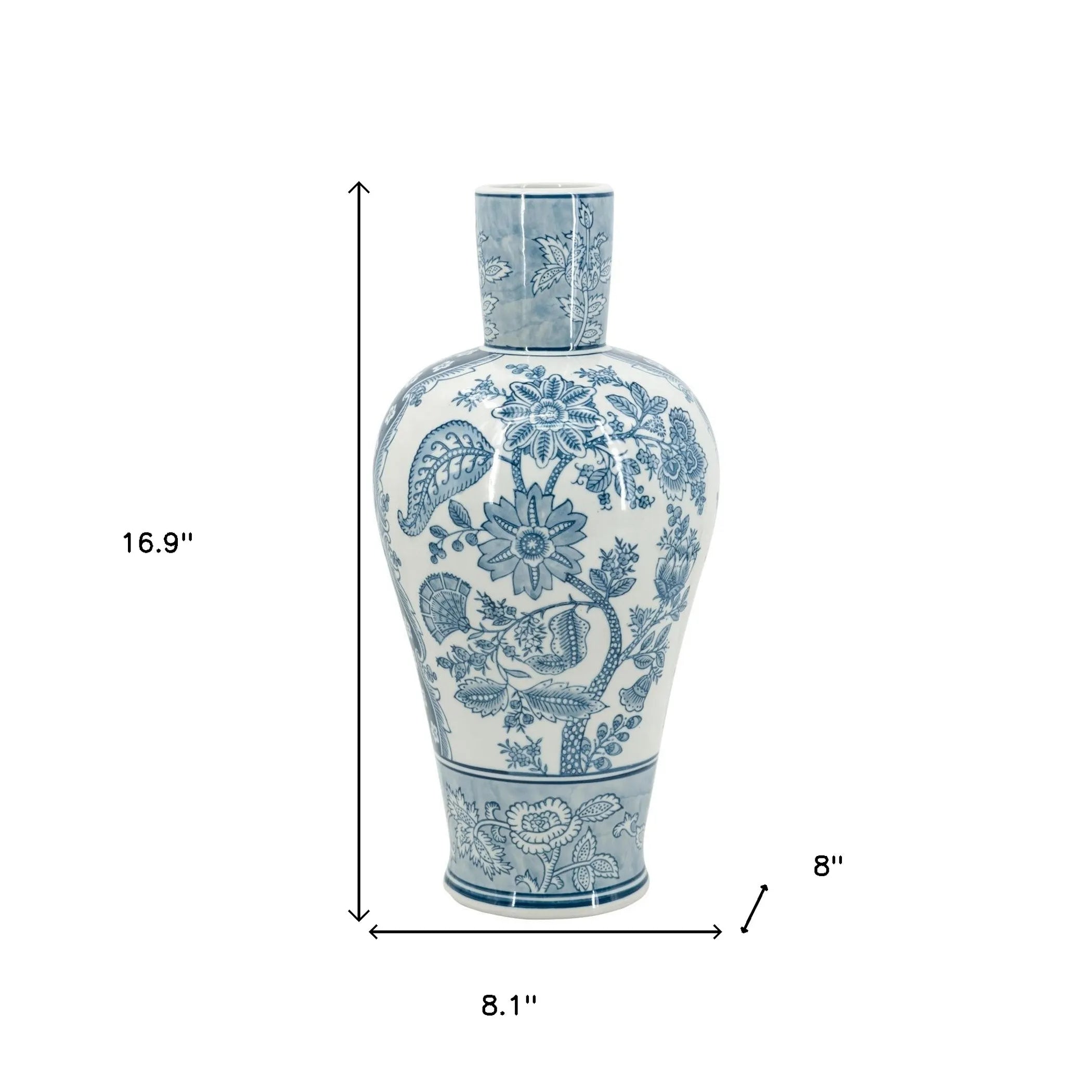 Decorative vase with blue floral patterns on a white background, showing dimensions.