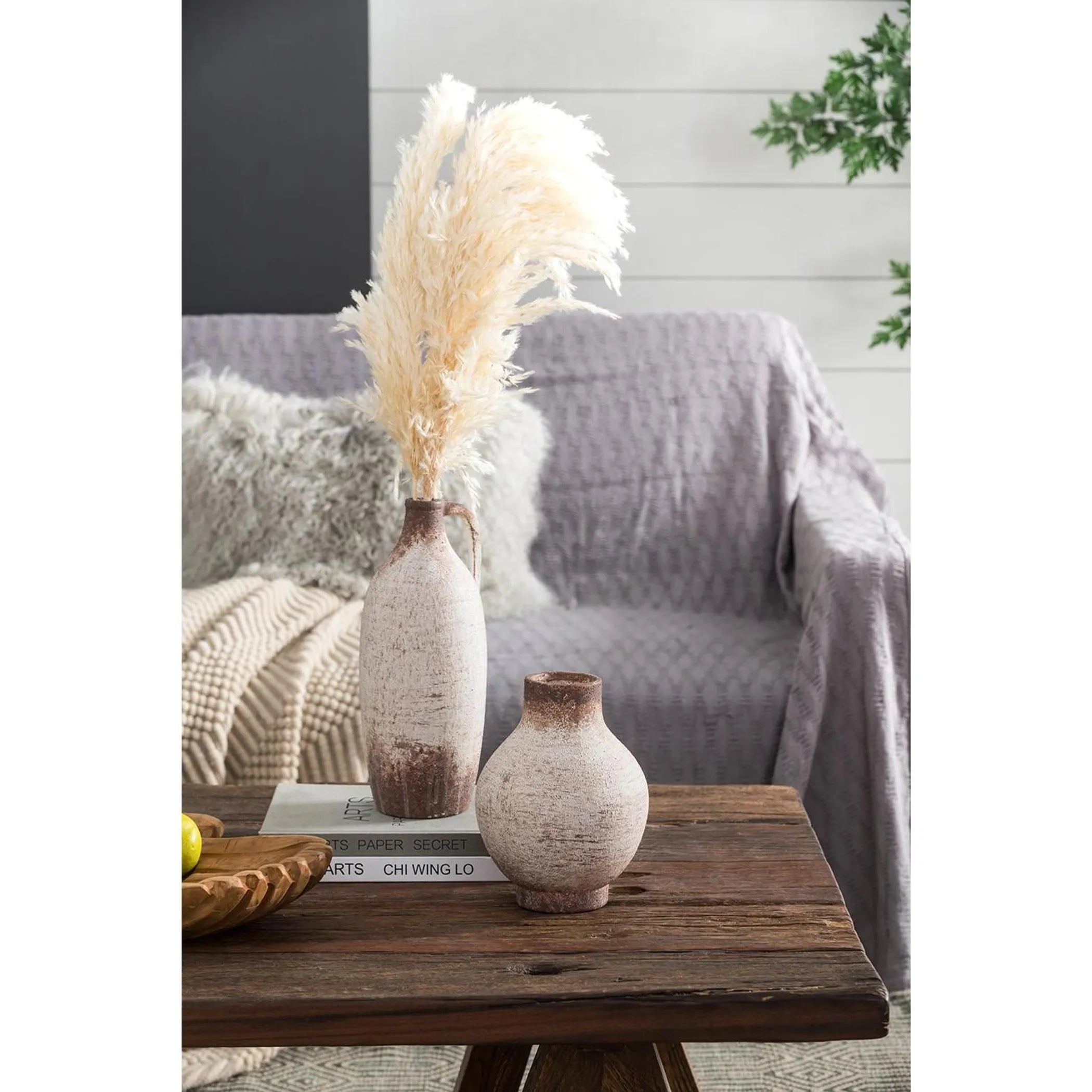 Ivory and Brown Round Ceramic Table Vase