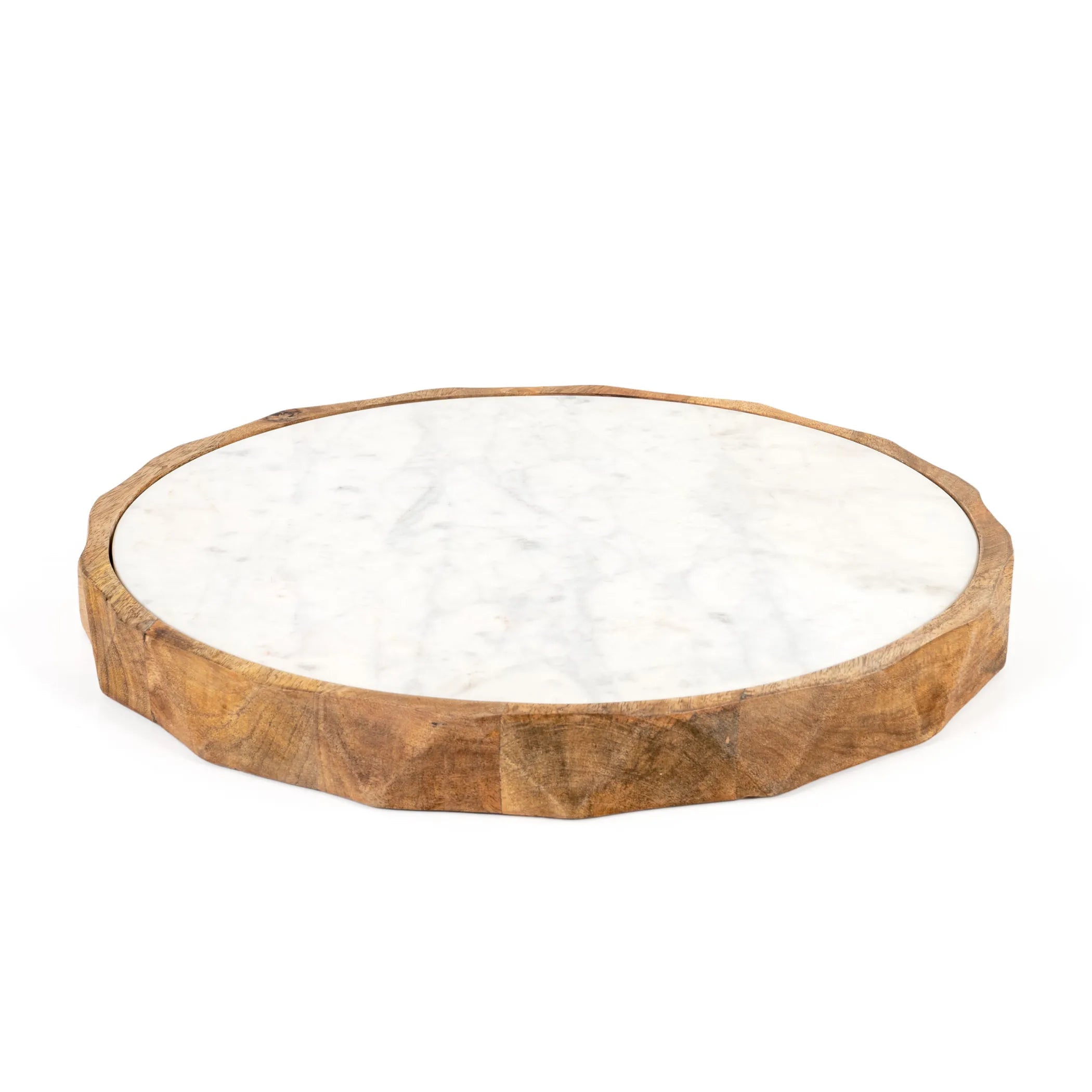 Round wooden tray with a white marble-like center on a white background
