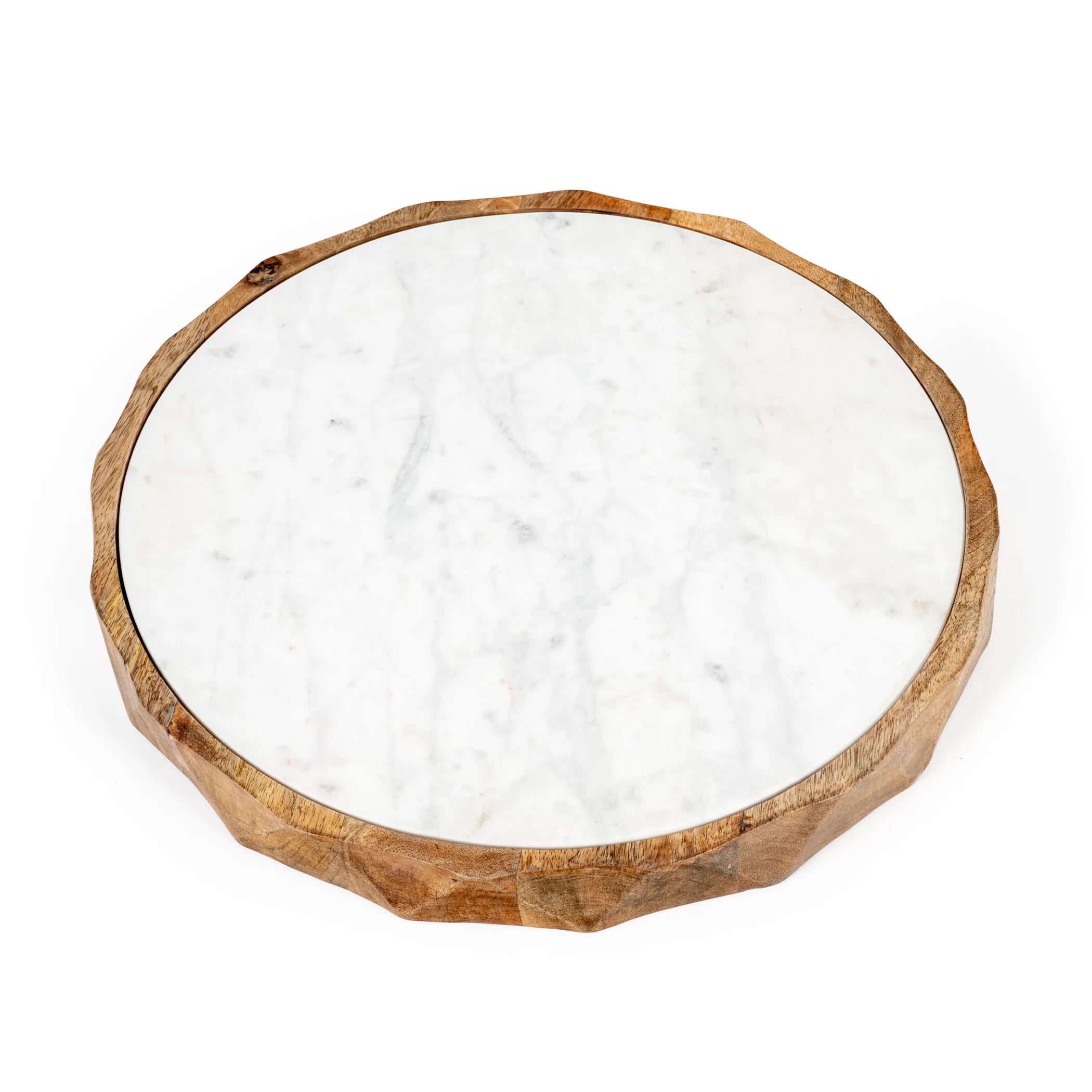 Round marble tray with wooden border on a white background
