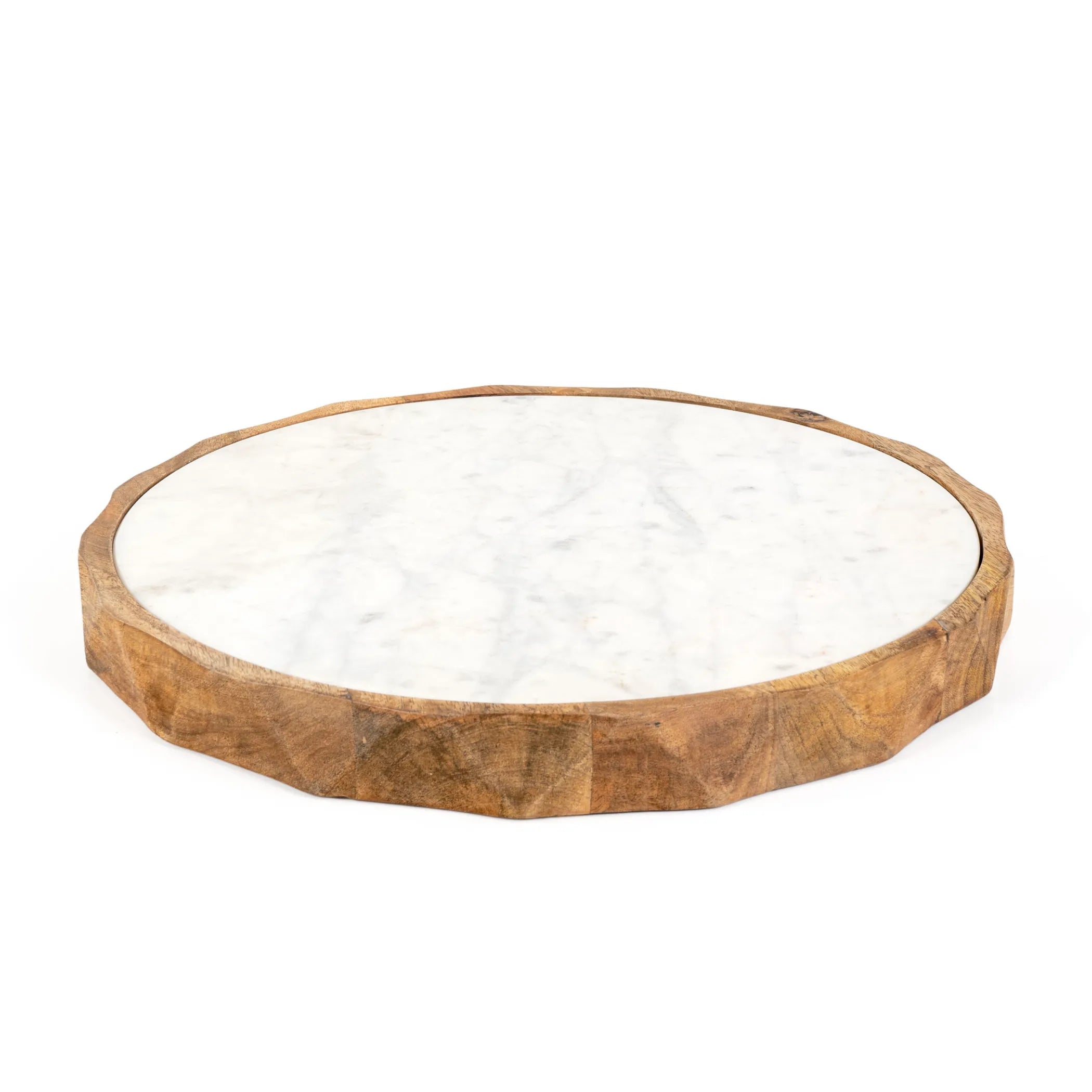 Round brown mango wood and white marble cheese board with polished marble center and rustic wood edge, styled as an elegant charcuterie serving board.