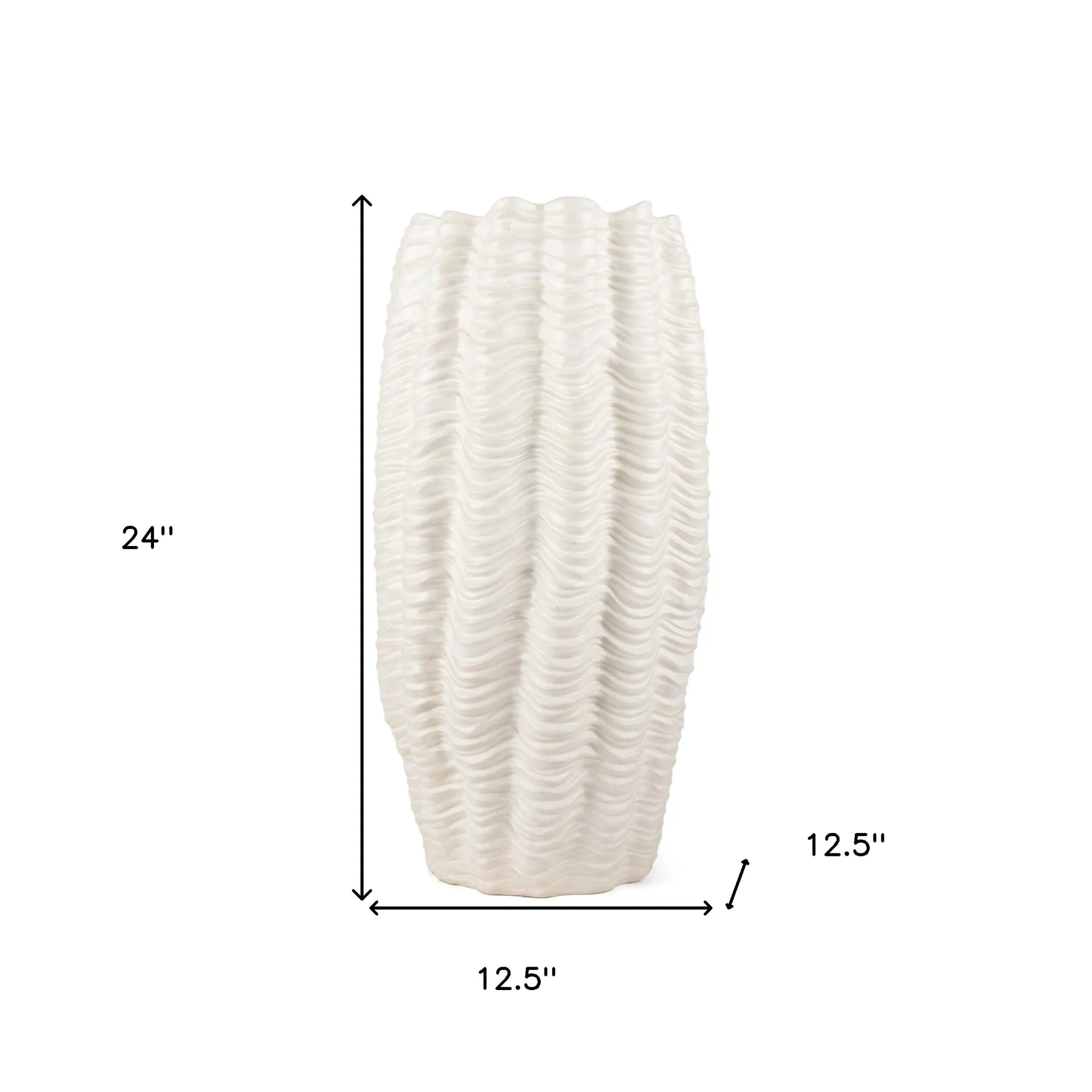White textured vase with dimensions labeled on a white background