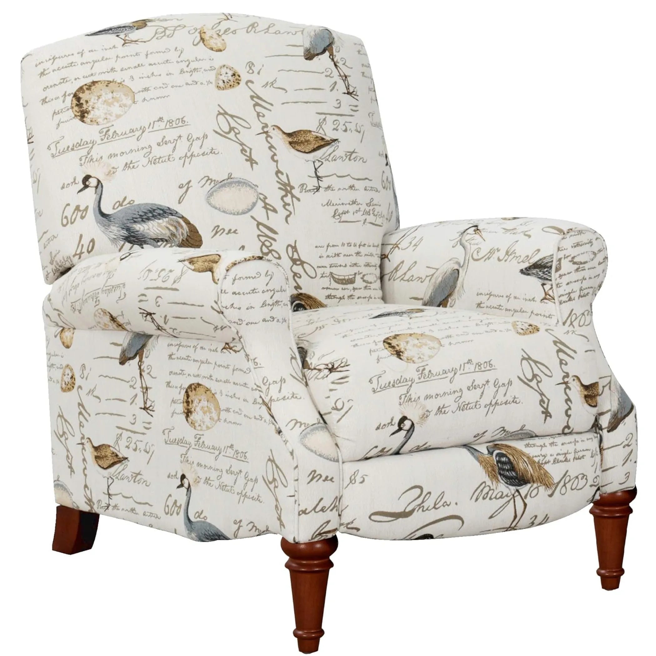 Patterned armchair with bird and script design on a white background