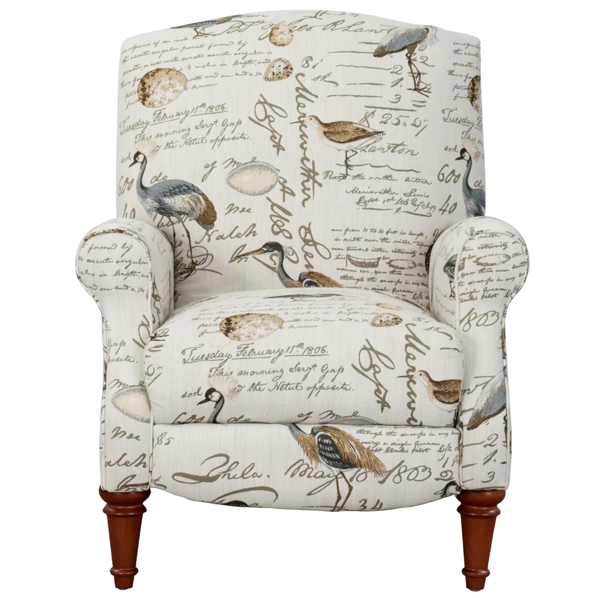 Patterned armchair with script and bird design on a white background