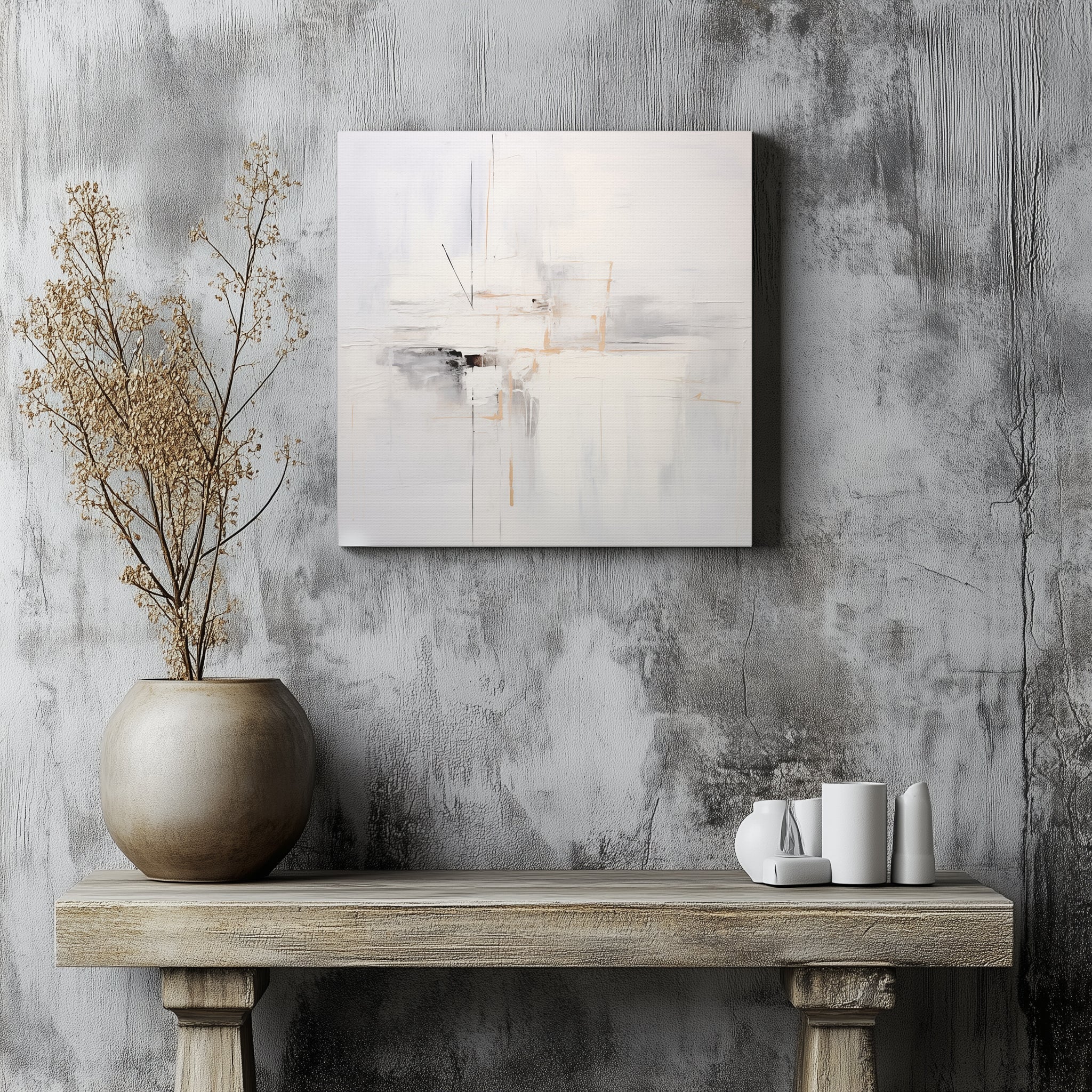 White Abstract Wall Art above a wooden console table