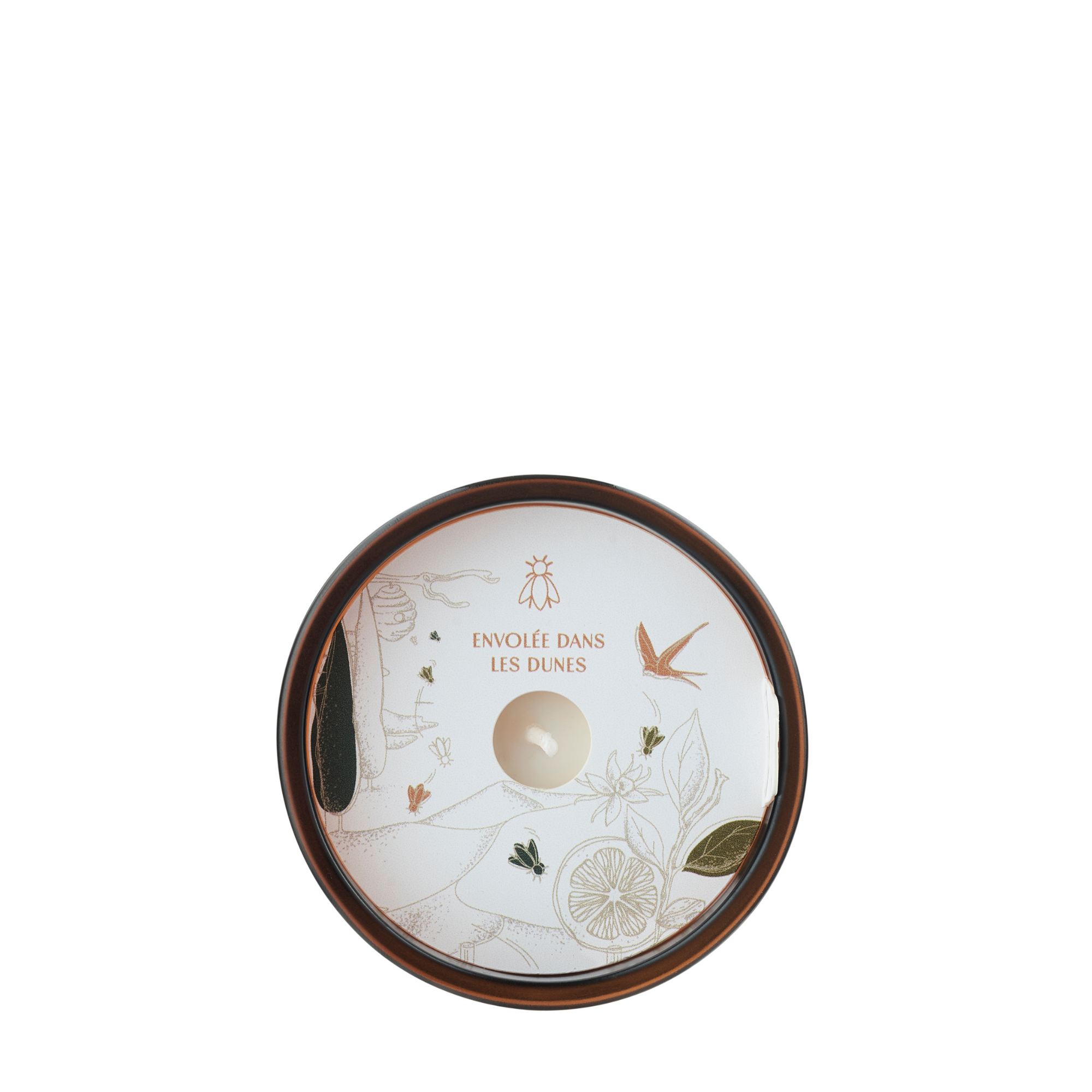 Overhead view of a La Rochere candle on a white background