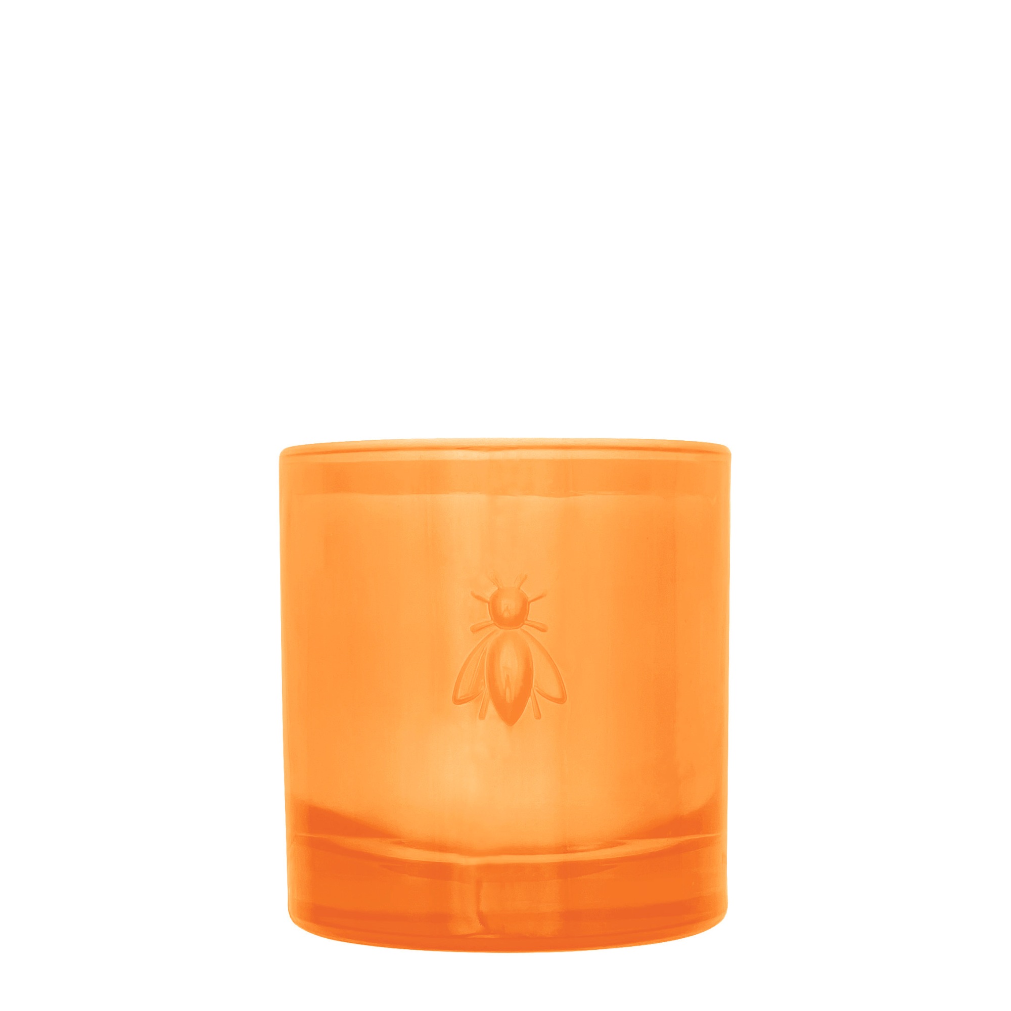 La Rochère Orange glass with a bee emblem on a white background