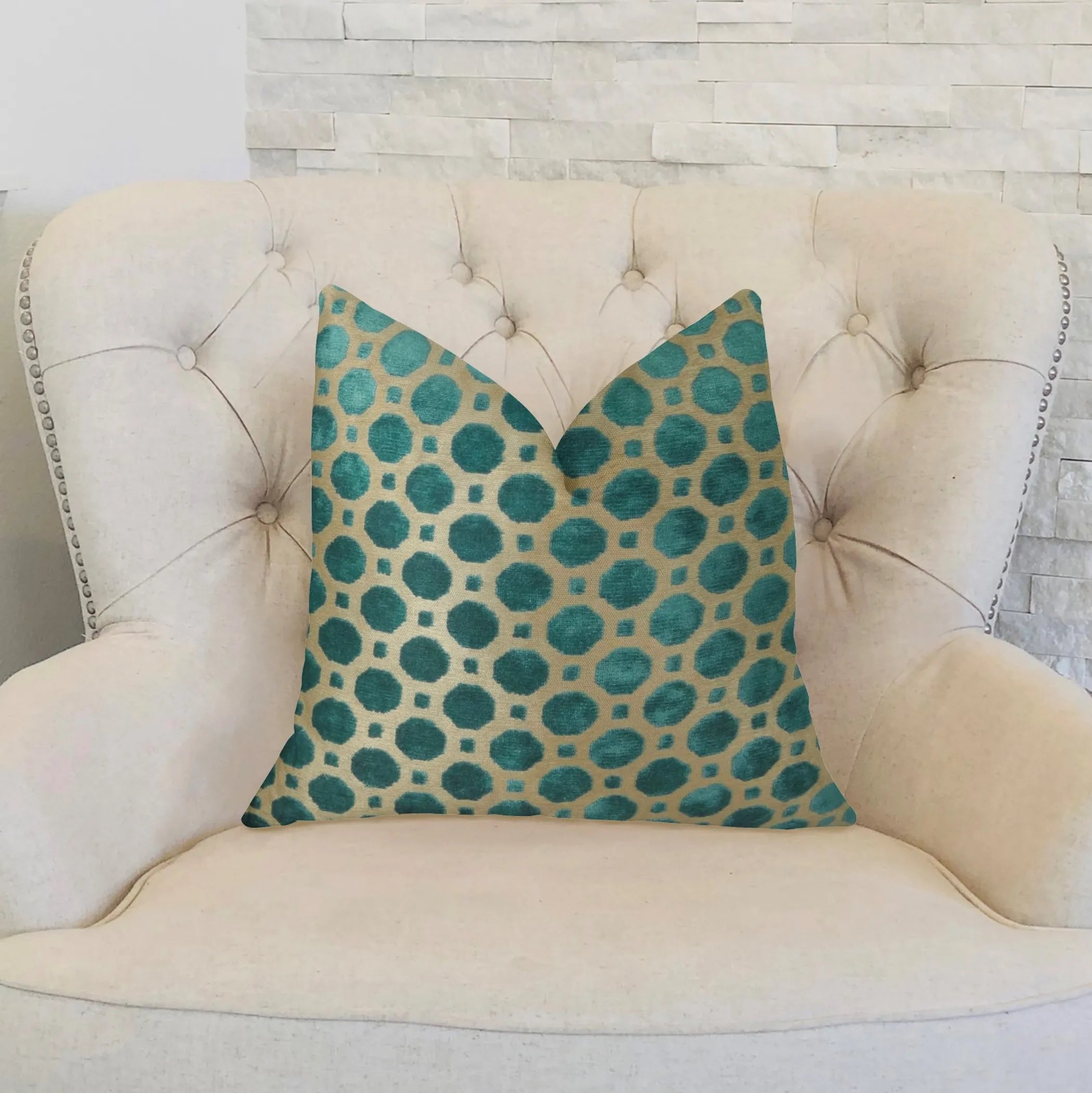 Plutus Velvet Aquamarine Turquoise and Taupe Handmade Luxury Pillow
