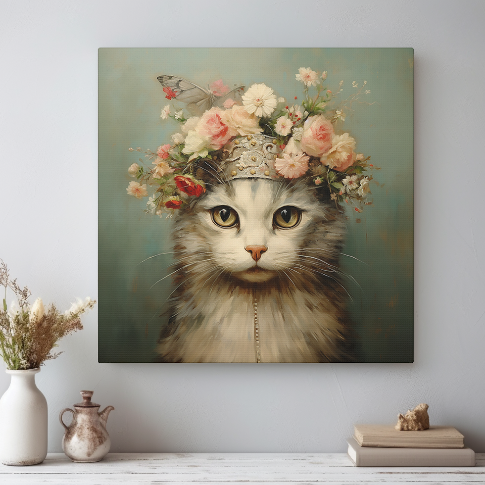 Whimsical Cat Wall Art - Canvas Print Gallery Wrap - With Floral Crown
