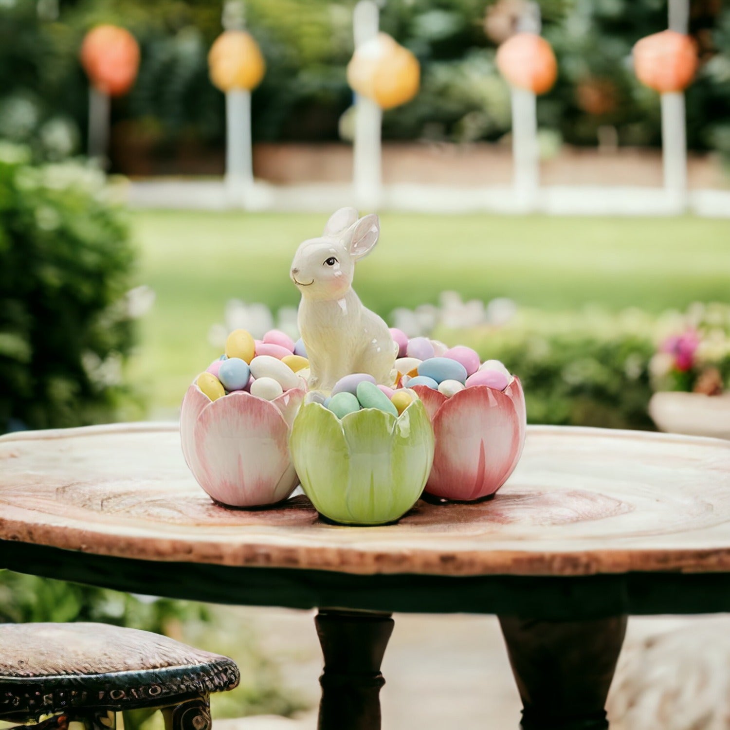Decorative Easter setup with ceramic rabbit and eggs on a wooden table outdoors.