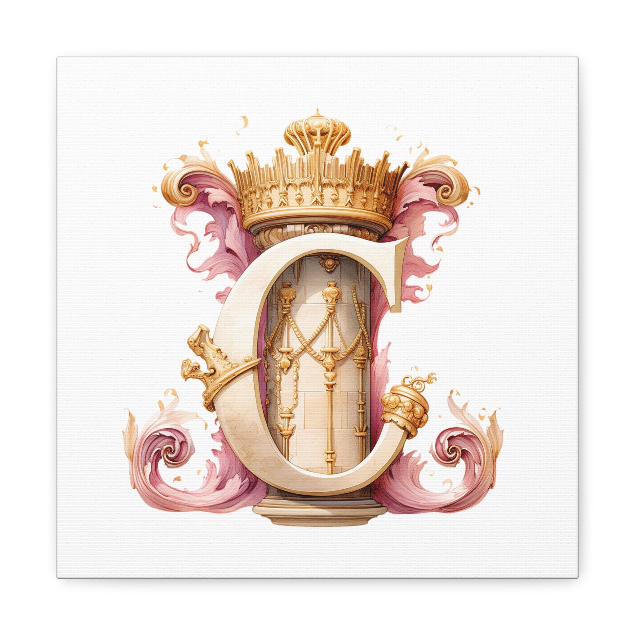 Monogram C Wall Art - Canvas Print Gallery Wrap - Single Initial Letter with Crown - Pink and Gold