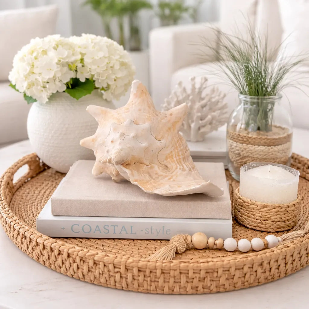 Decorative setting with genuine 9" Pink Queen Conch Display Shell – NON PIERCED (Strombus Gigas)eashell, books, and candle on a woven tray in a living room.