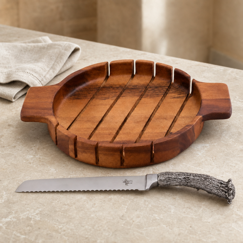 Round Bread Board with Antler Knife