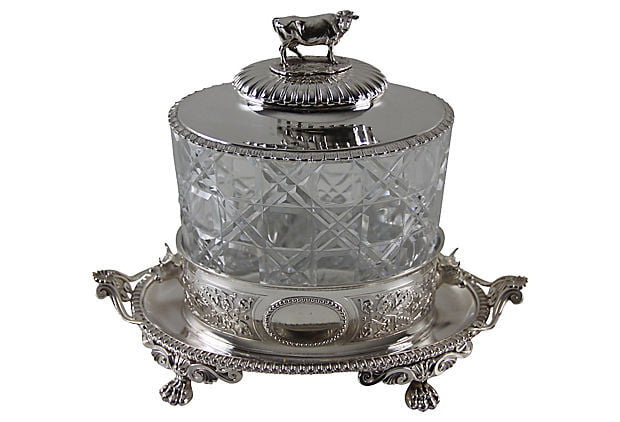 Back view of an Antique sterling silver biscuit box London 1869 with crystal body, Victorian English silver container with cow finial