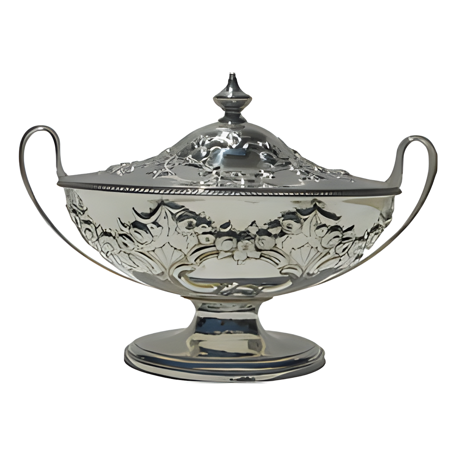Decorative silver urn with intricate designs on a white background