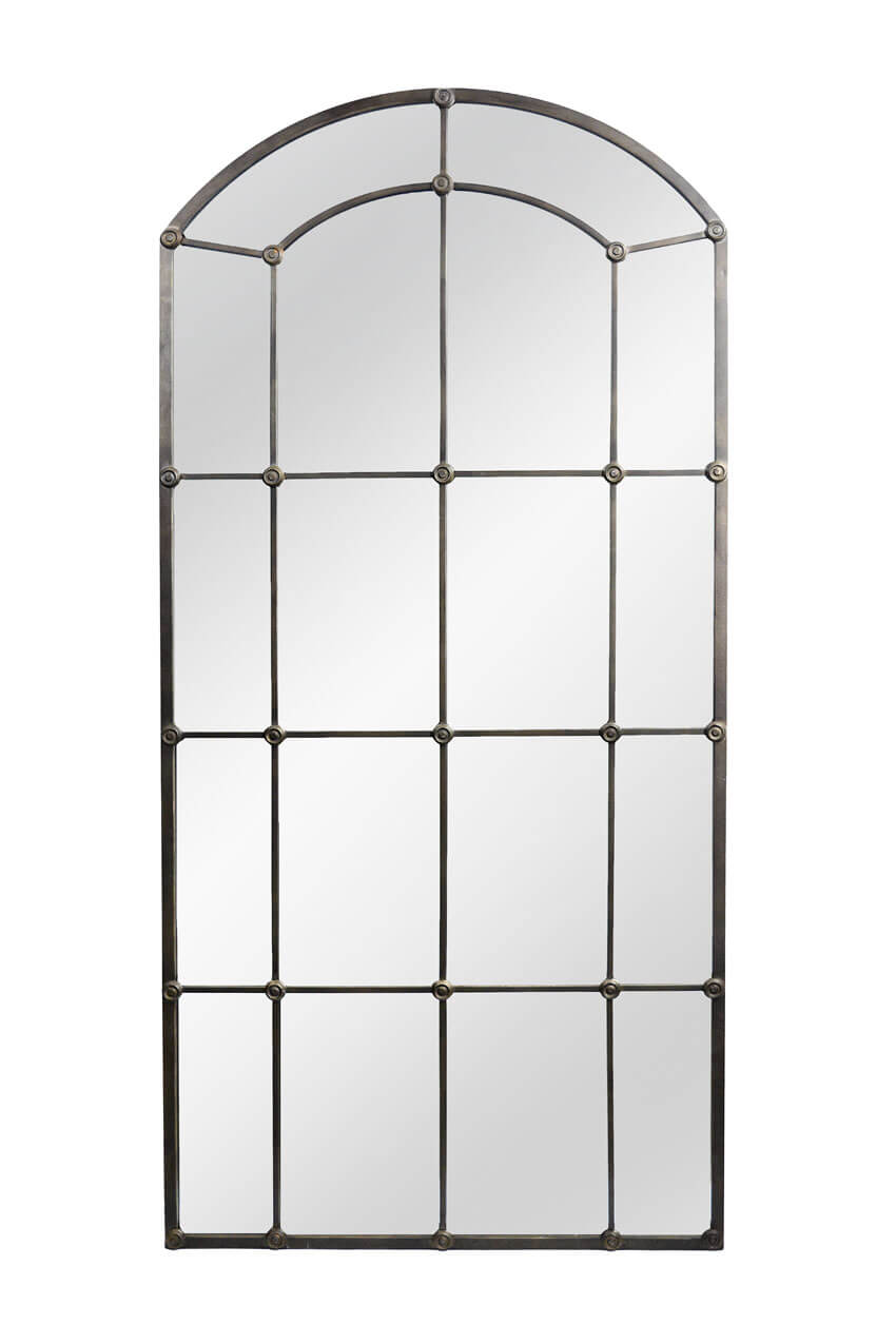 Decorative window-style mirror with metal frame on a white background