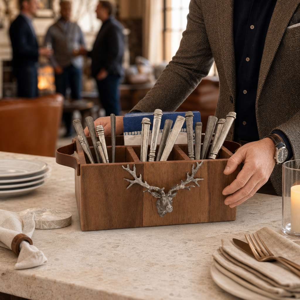 Elk Head Handles Wood Flatware Caddy