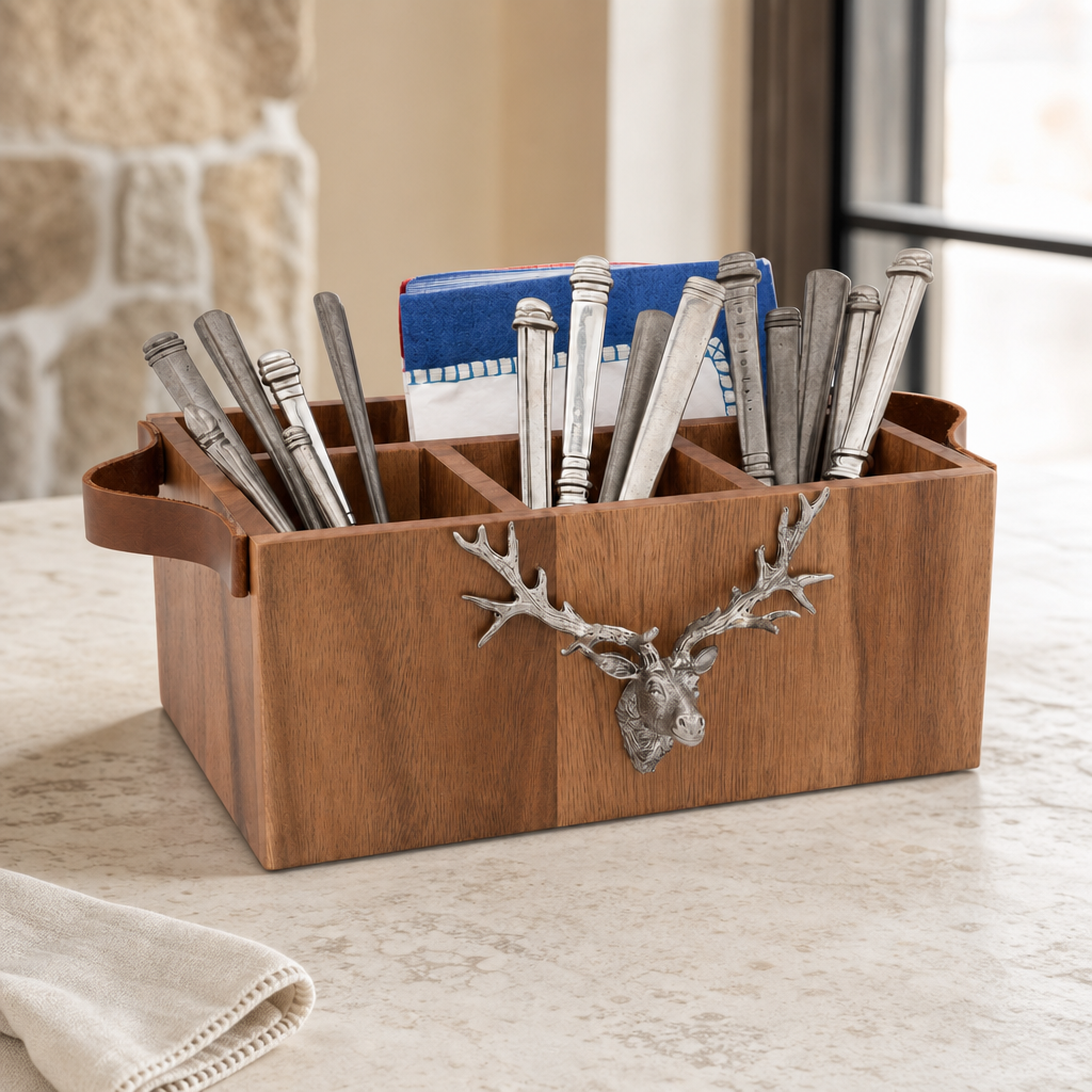 Elk Head Handles Wood Flatware Caddy