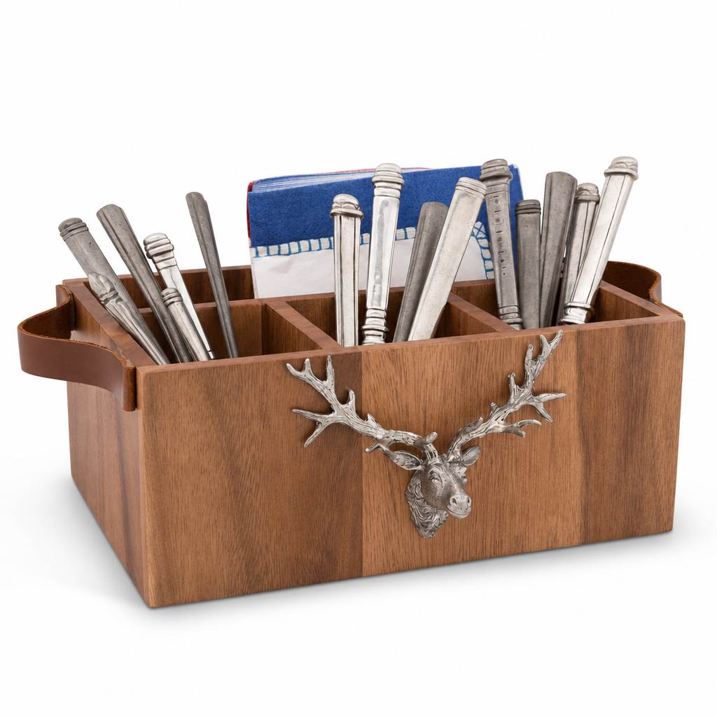 Elk Head Handles Wood Flatware Caddy