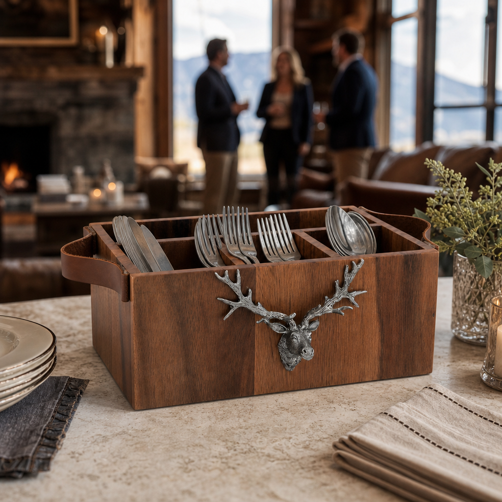 Elk Head Handles Wood Flatware Caddy