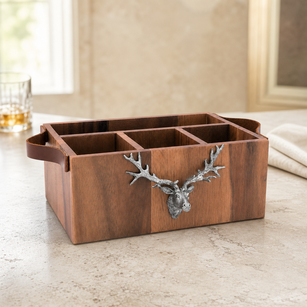 Elk Head Handles Wood Flatware Caddy