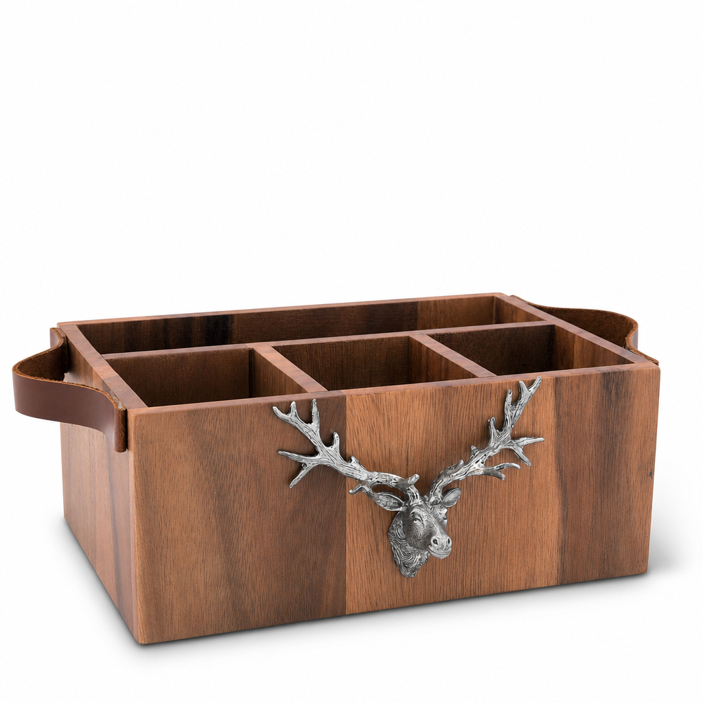 Elk Head Handles Wood Flatware Caddy