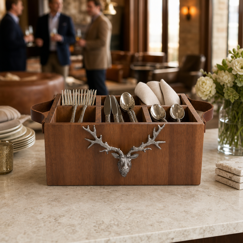 Elk Head Handles Wood Flatware Caddy