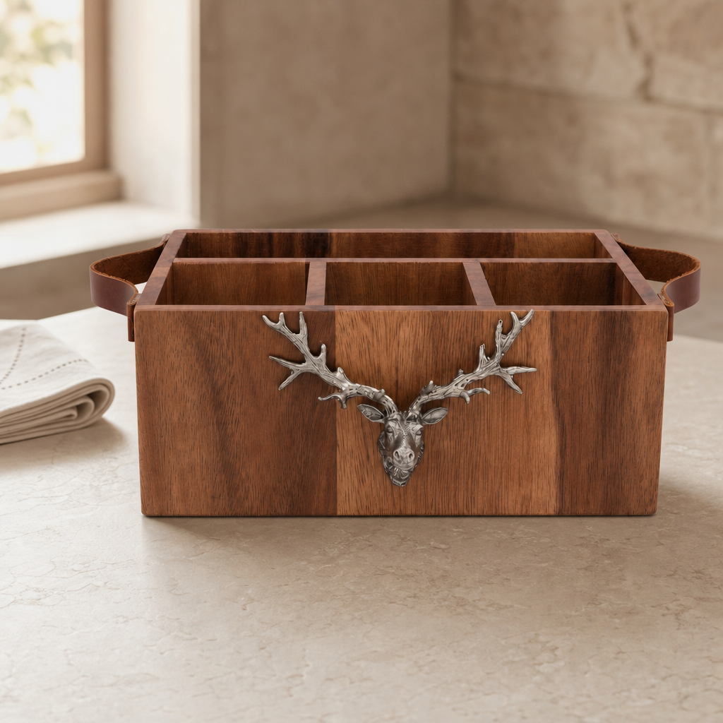 Elk Head Handles Wood Flatware Caddy
