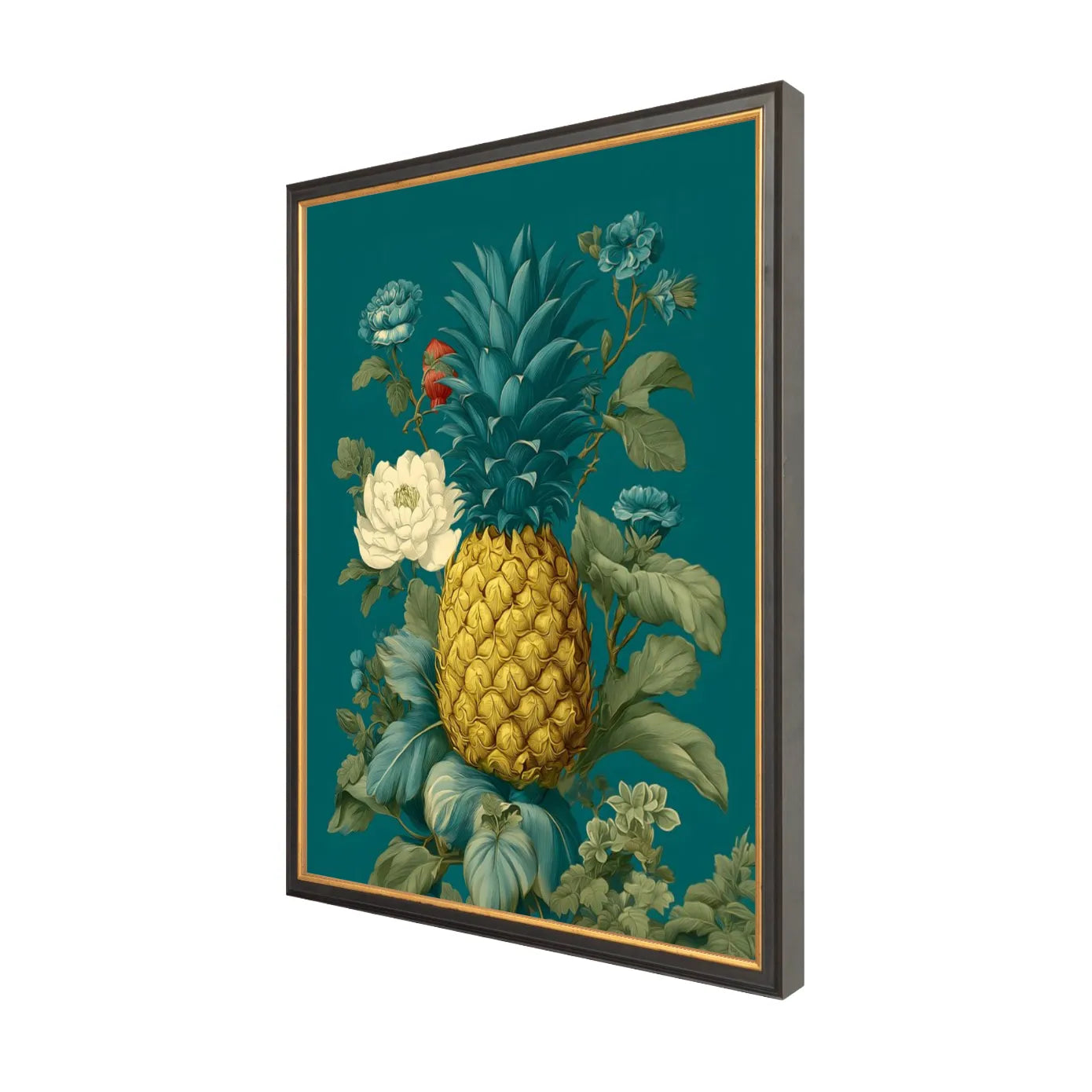 Black & Gold Framed artwork of a pineapple surrounded by flowers on a teal background 16" x 20" side view